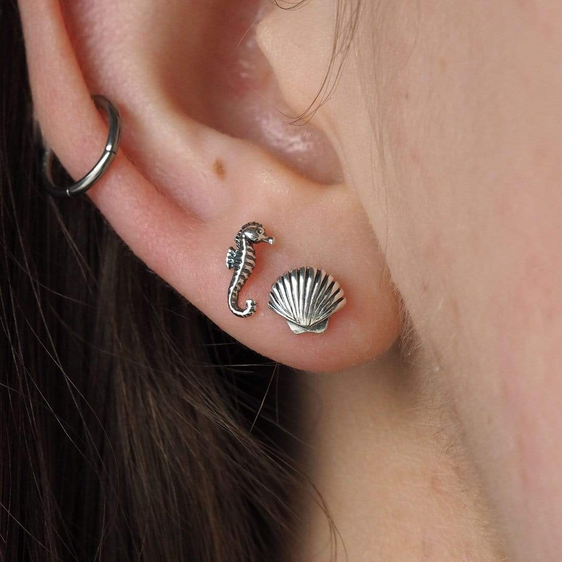 Sterling silver dainty seashell stud earrings - worn