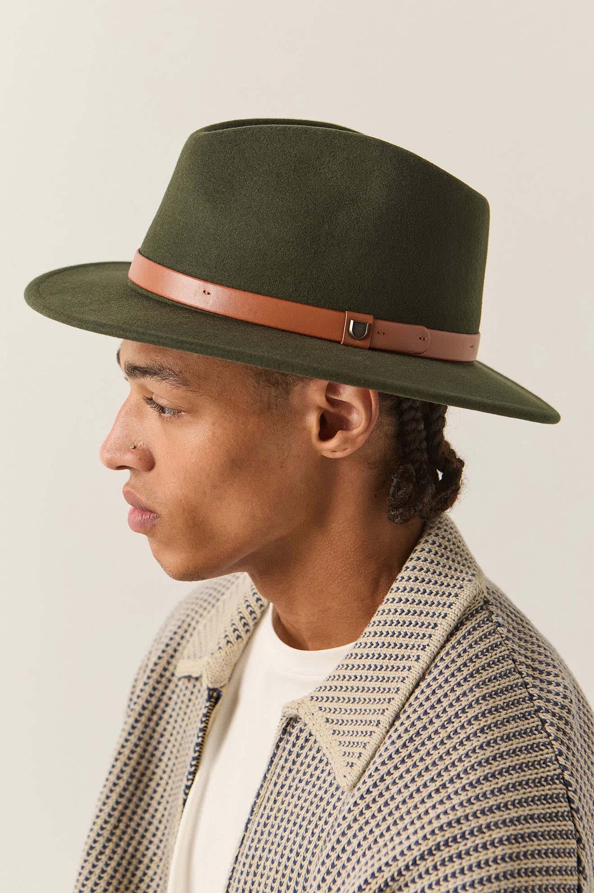 Brixton Messer Fedora in ivy green with light brown band, front view