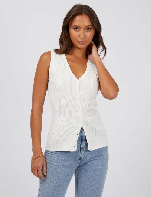 Silent Theory Luca ribbed knit button top in white, front view