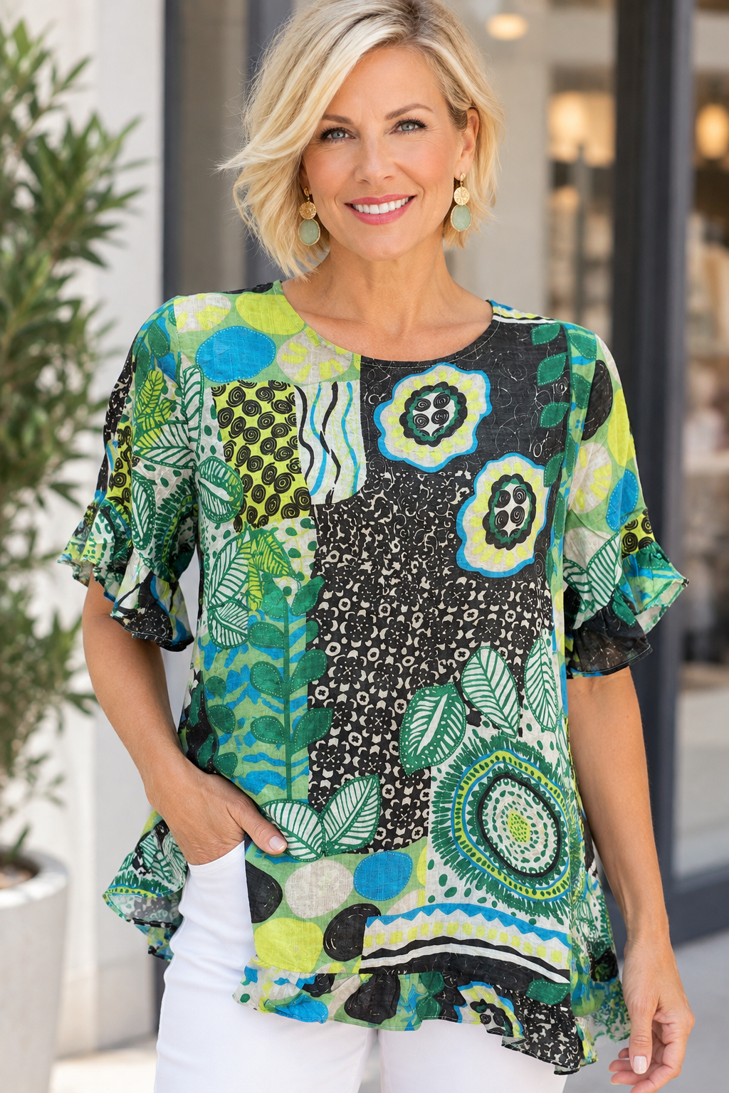 Renoma Bromley Freda Frill Sleeve Top in Moss Whisp green print
