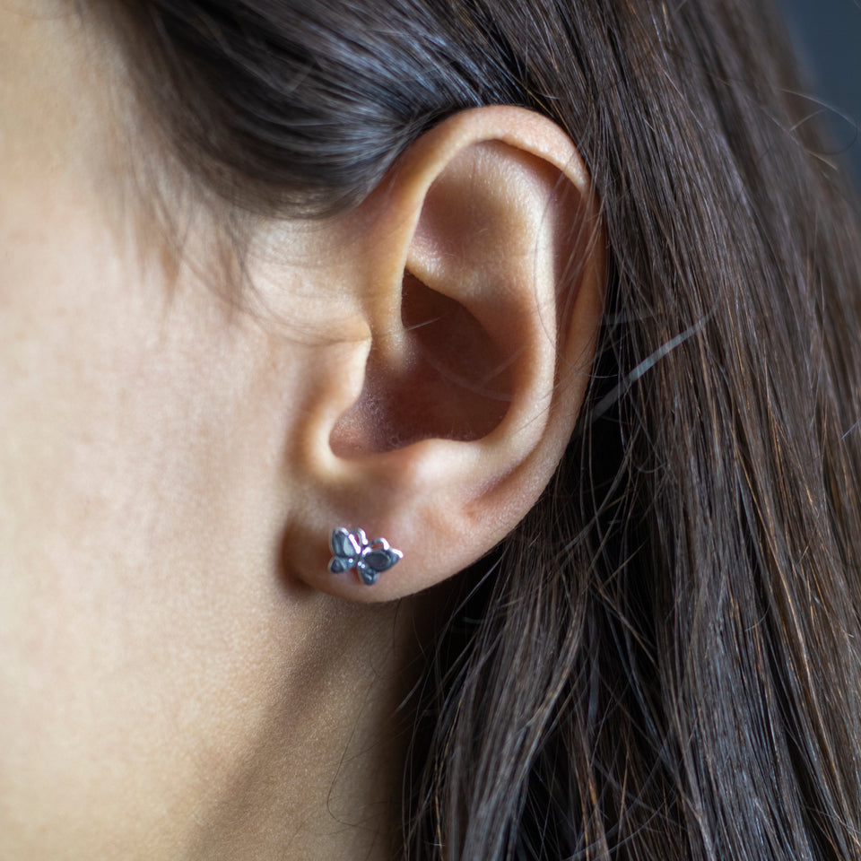 Zafino Butterfly Stud Silver earrings, worn view