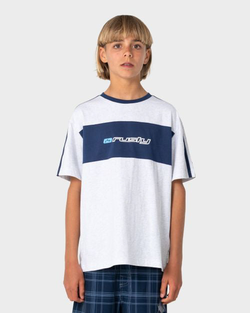 Rusty boys Super Shaolin short sleeve tee in ecru marle, front view