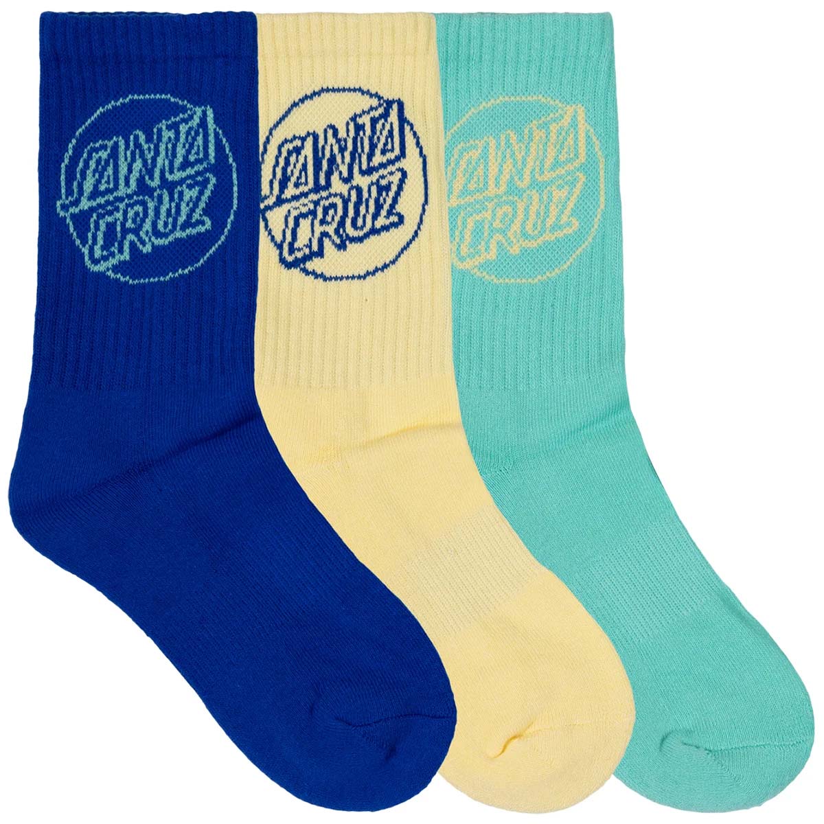 Santa Cruz Opus Dot Crew Sock 3 pack in cobalt, butter and teal