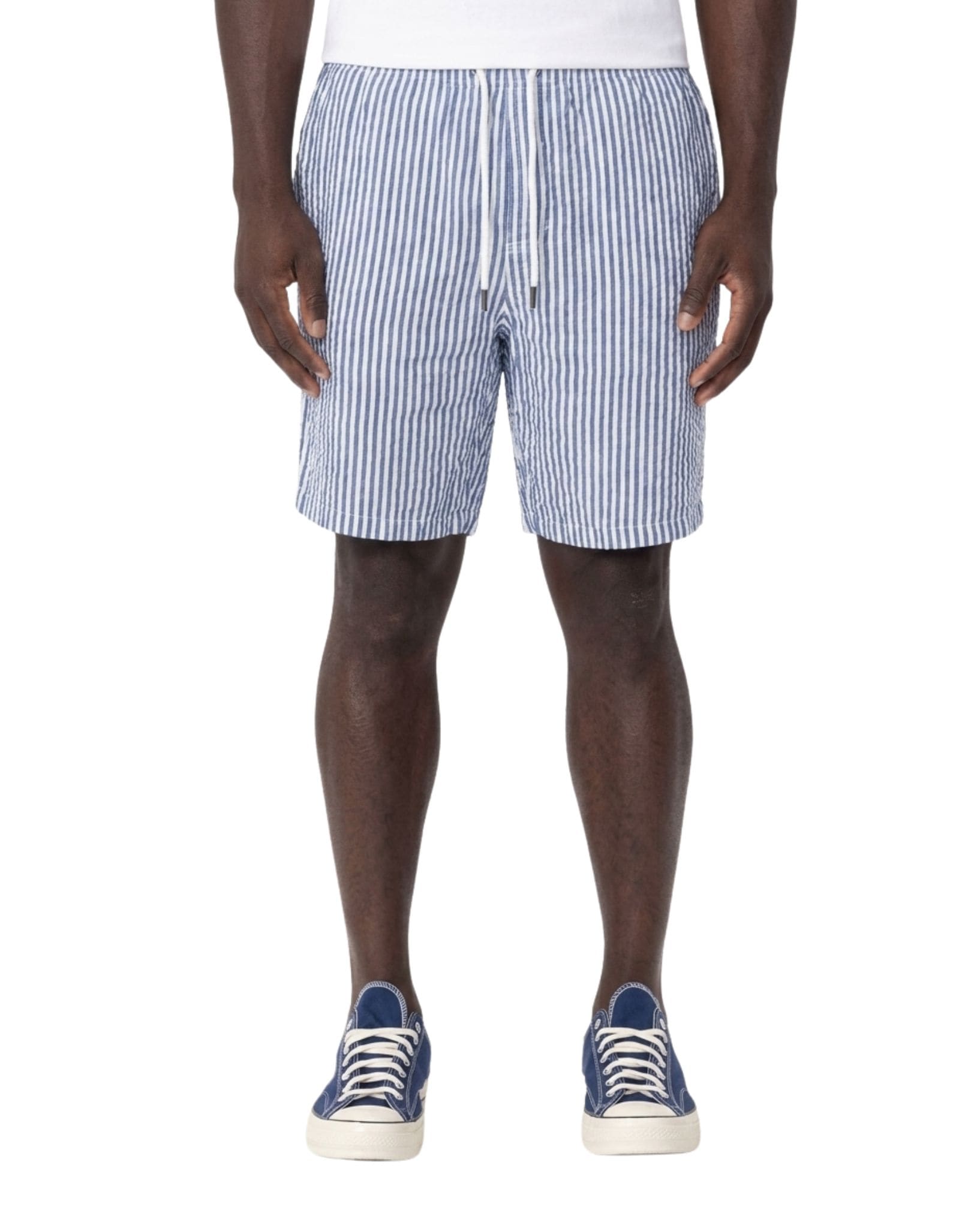 Silent Theory Stripe Linen Short Navy - front view