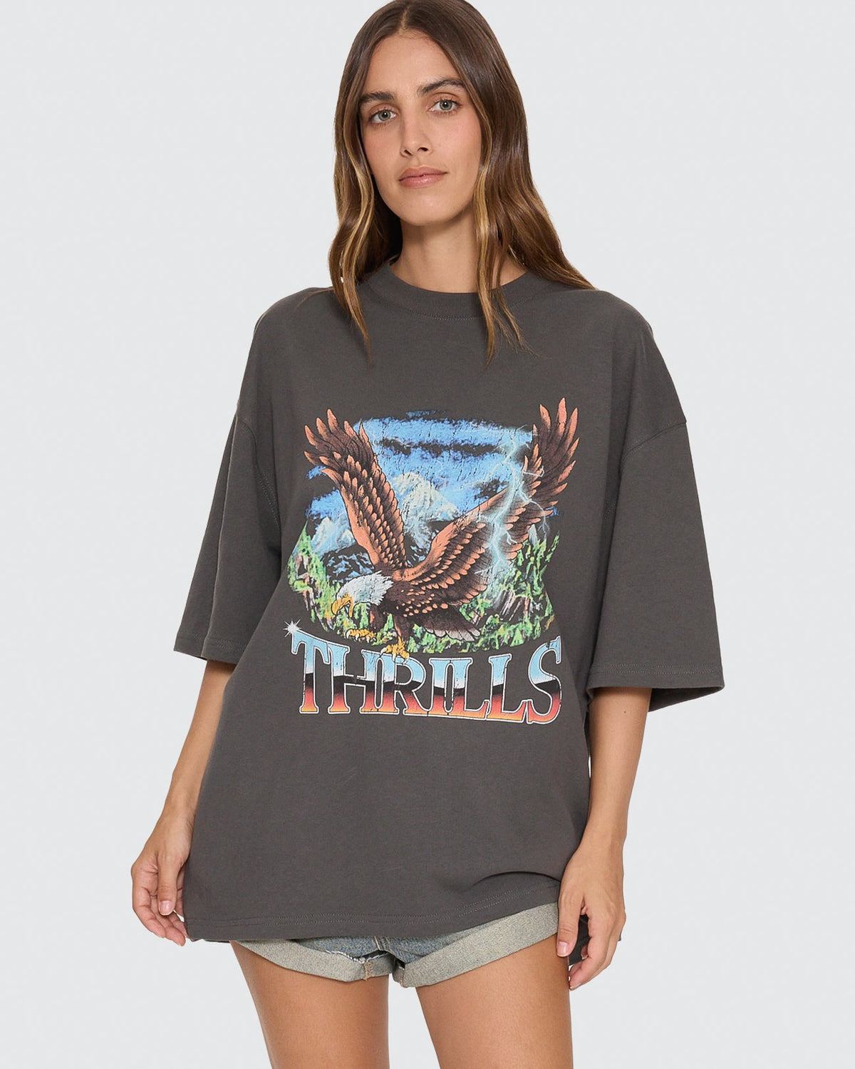 Thrills Seen and Heard oversized tee in merch black, front view