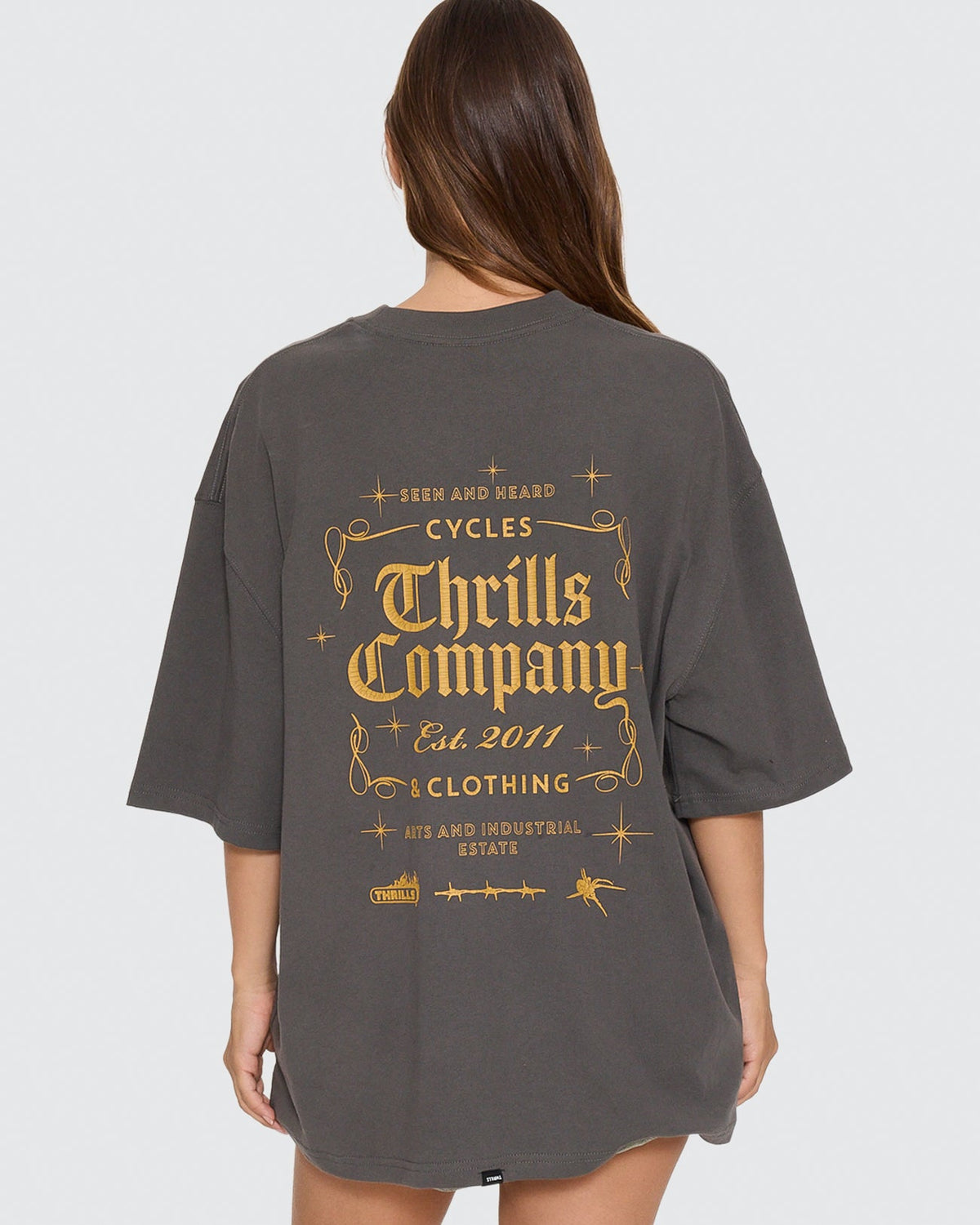 Thrills Seen and Heard oversized tee merch black, back view