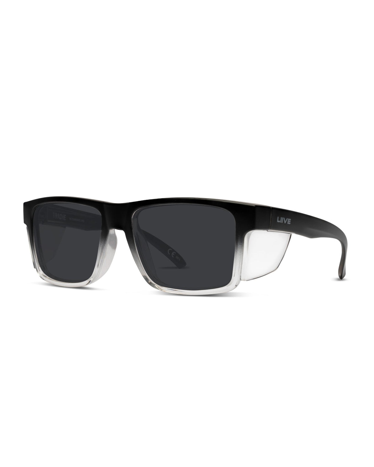 Liive Z Tradie safety glasses in matt black fade with clear blinkers