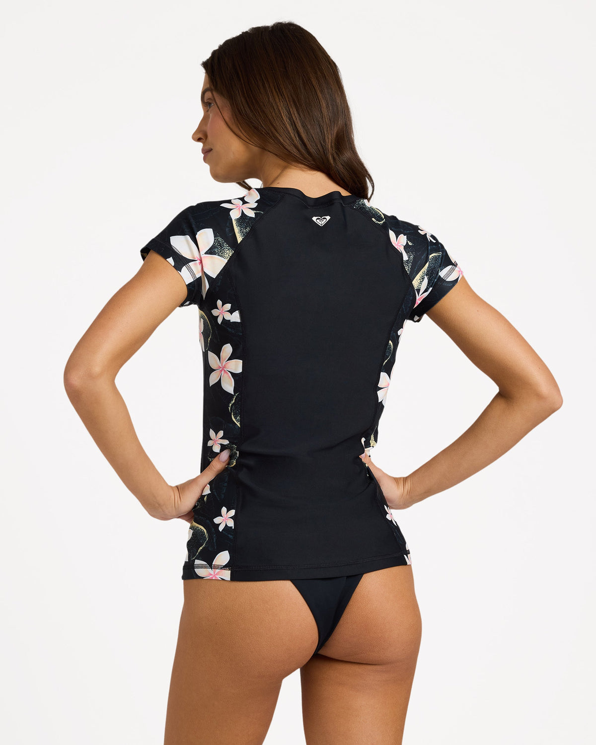 Roxy Half Zip Short Sleeve Rashguard in anthracite hibiscus - back
