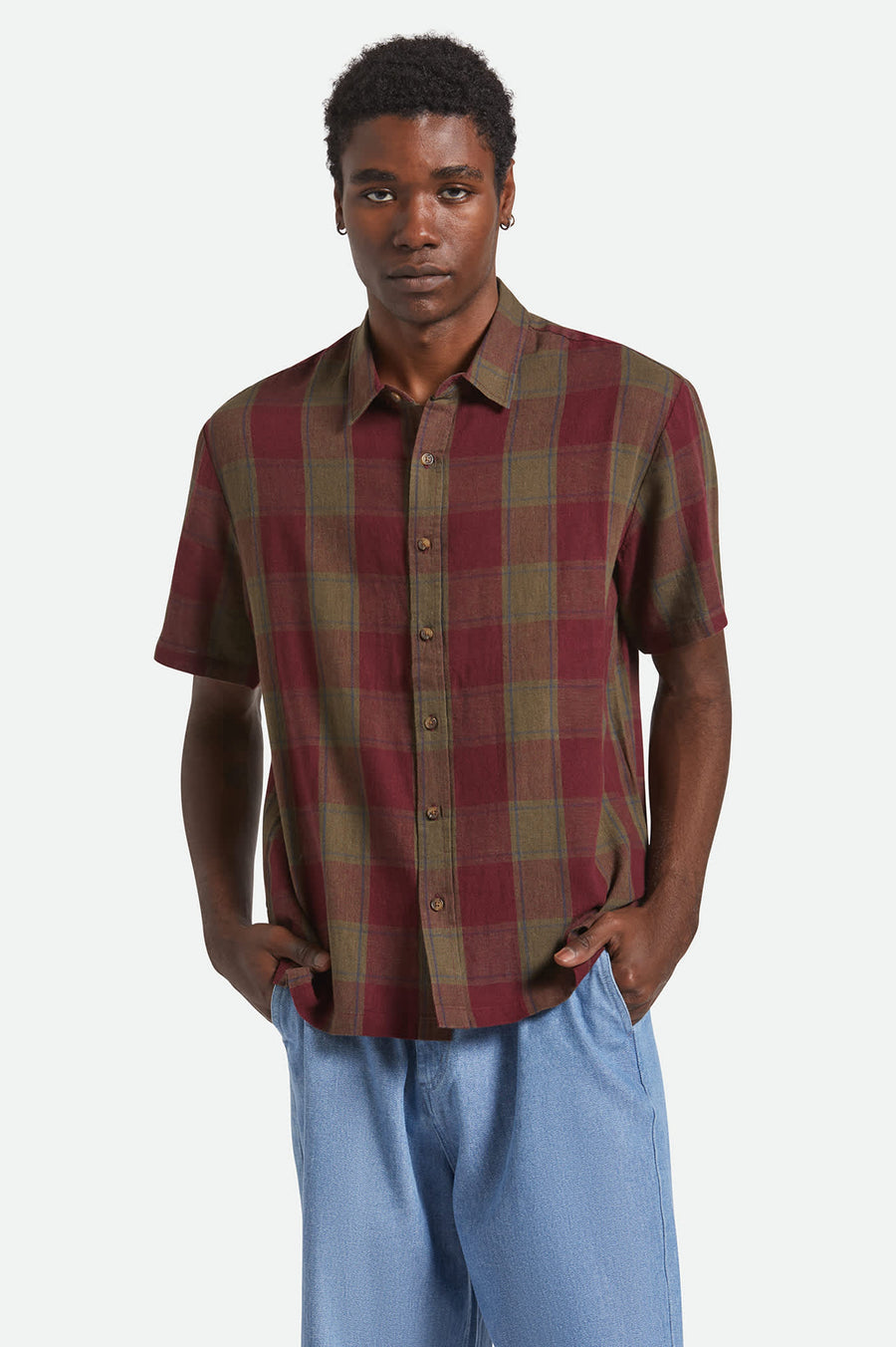 Brixton Cru Linen Blend Short sSleeve Woven - Olive Surplus/ Port