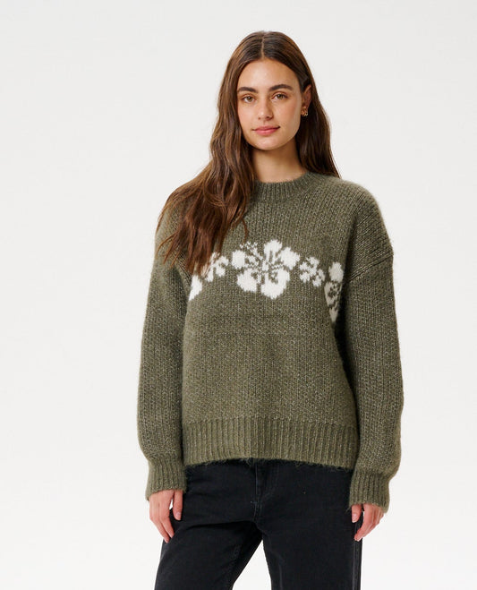 Cala Nights Hibiscus Knit Crew - Moss