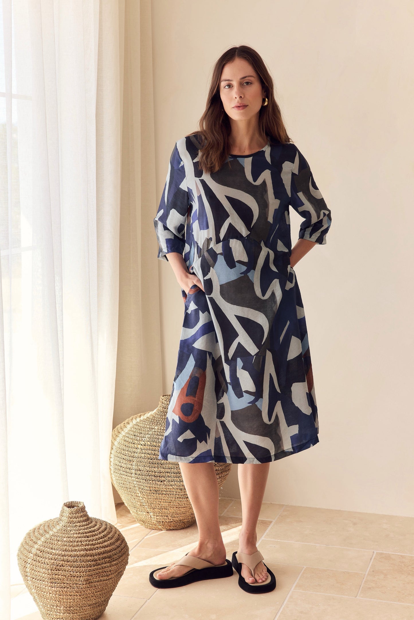 Curve Seam Print Dress - Blue Abstract Print