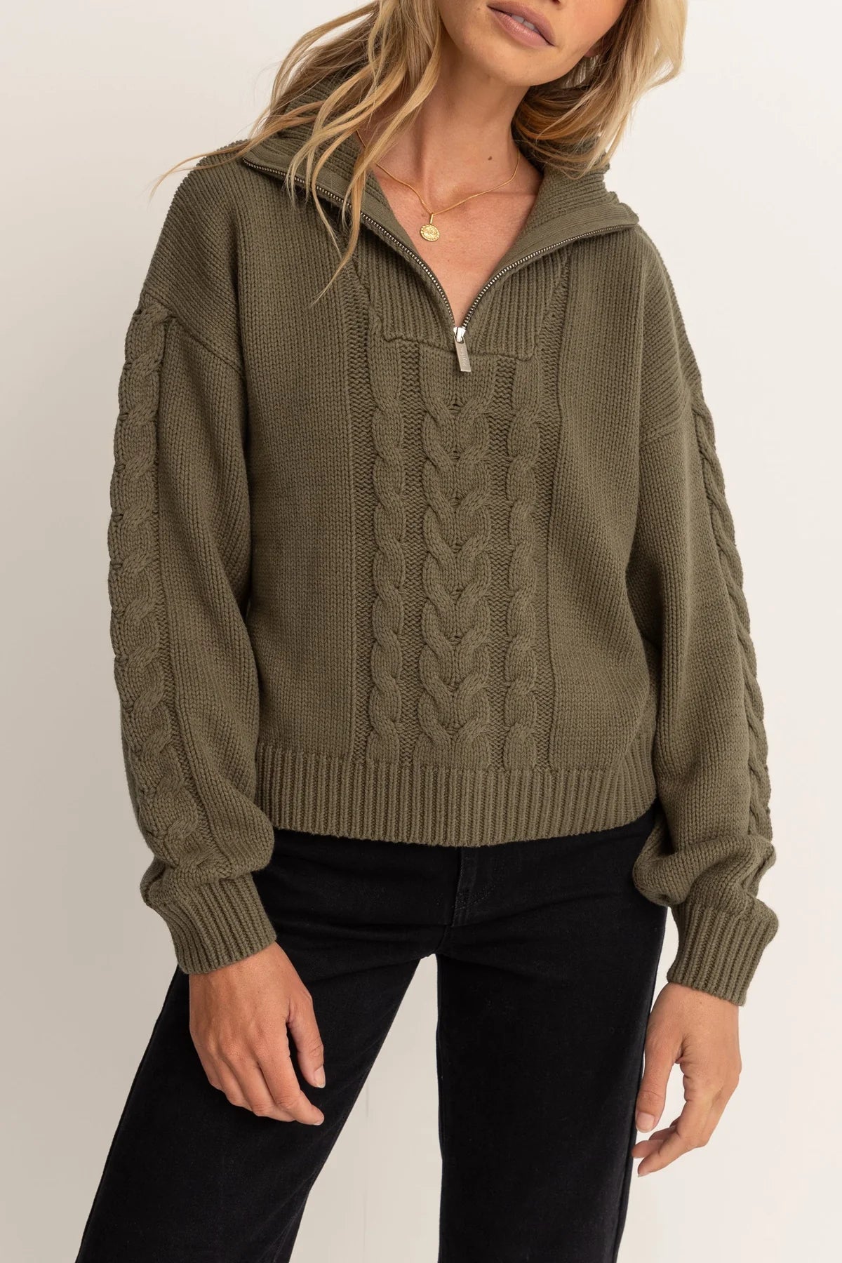 Cabelled Vintage Zip Knit - Olive