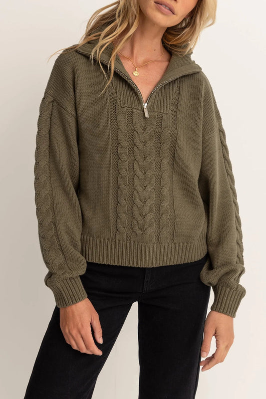 Cabelled Vintage Zip Knit - Olive