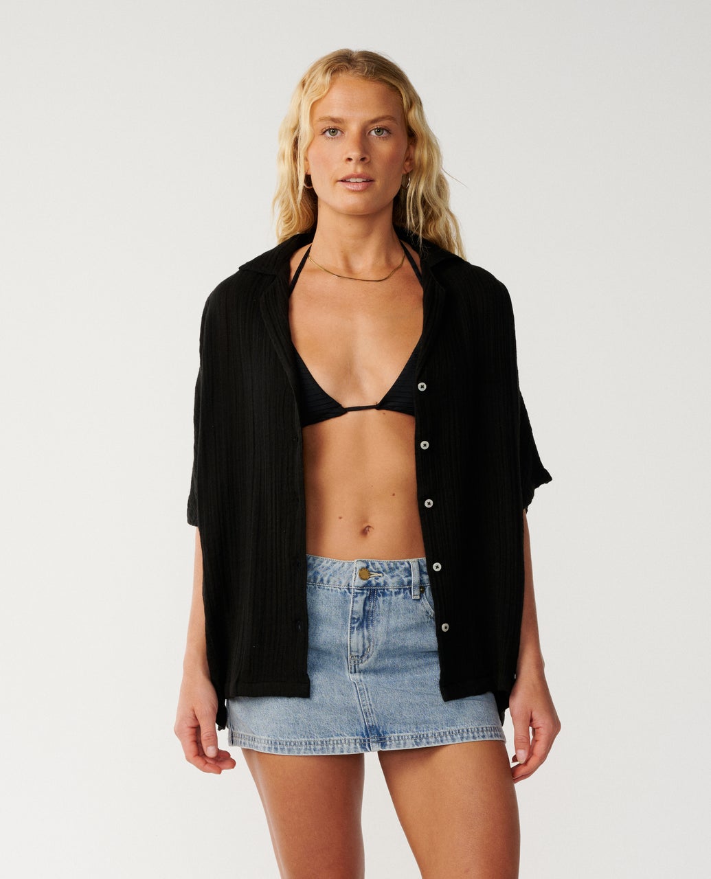 Rip Curl Premium Surf Short Sleeve Shirt in black, front view