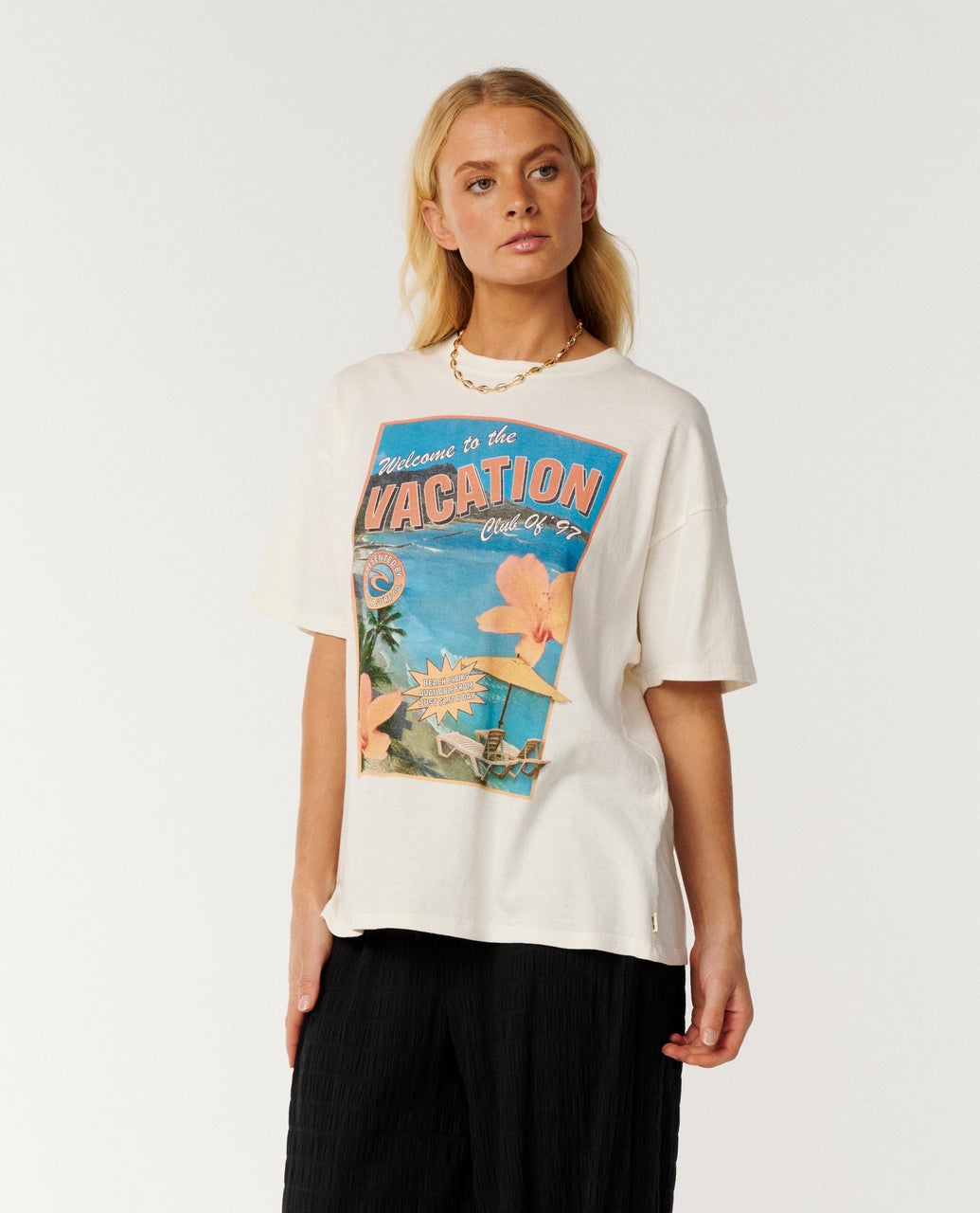 Rip Curl Echo Wave oversized tee in bone, styled view