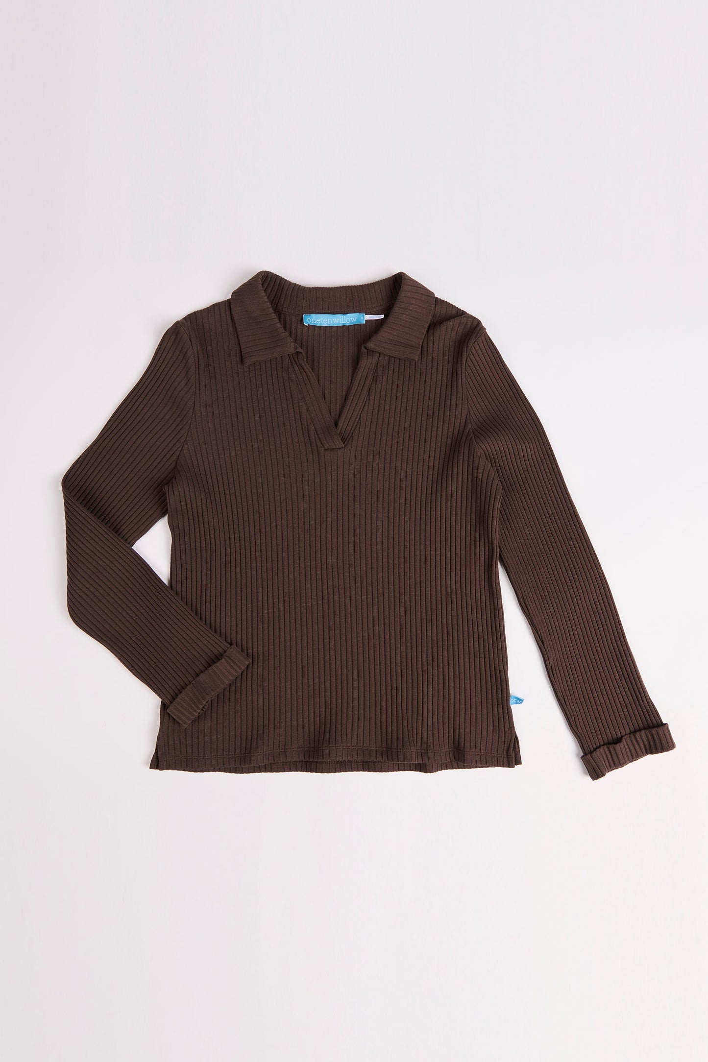 Long Sleeve Collared Rib Tee - Chocolate