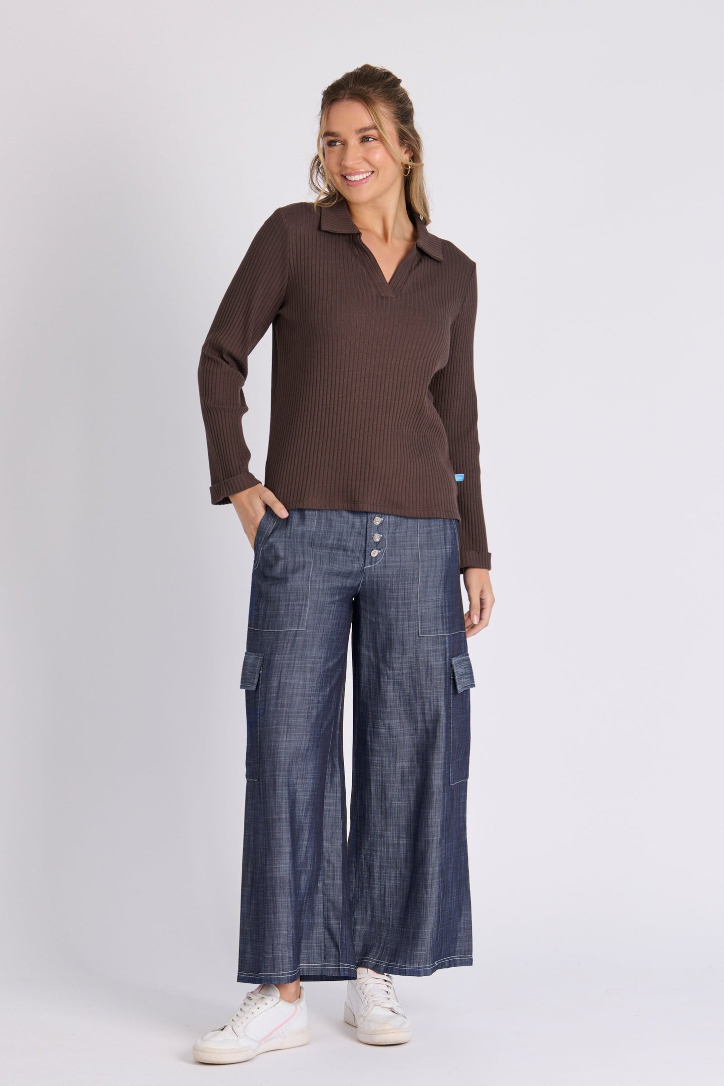 Long Sleeve Collared Rib Tee - Chocolate