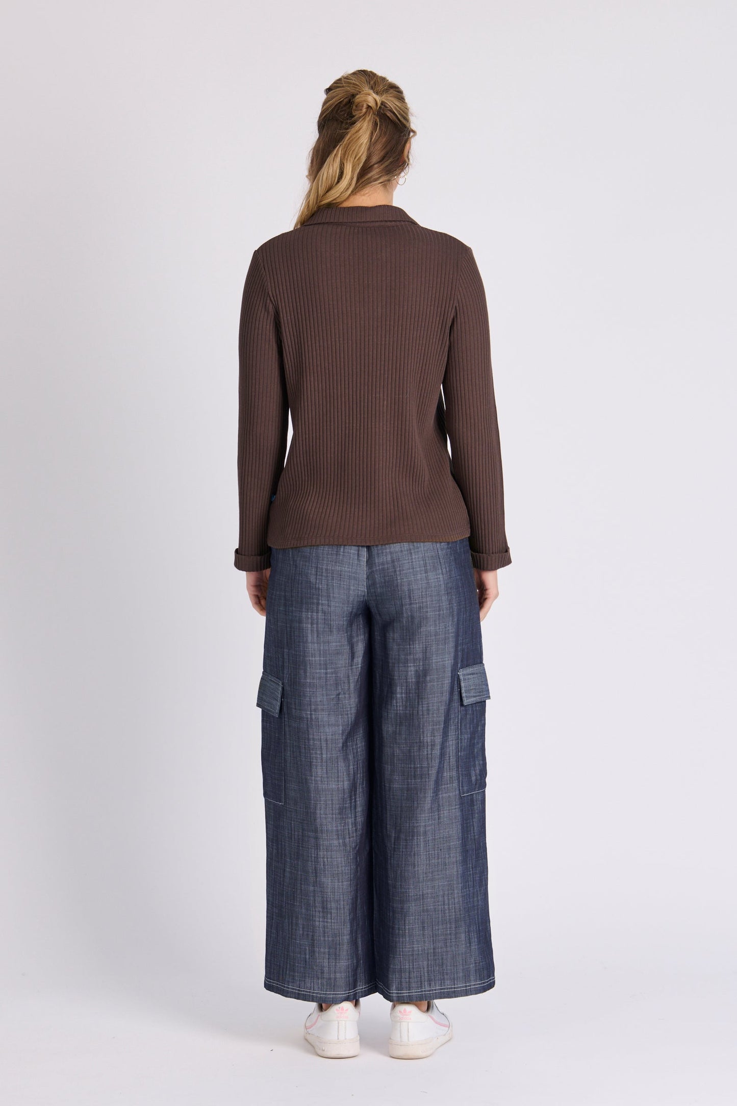 Long Sleeve Collared Rib Tee - Chocolate