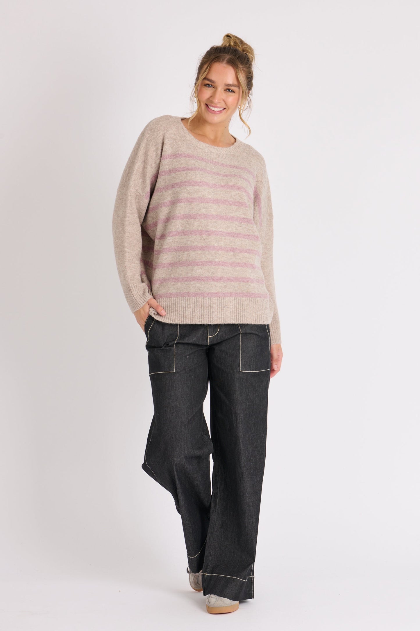 Drop Shoulder Jumper - Beige Pink Stripe