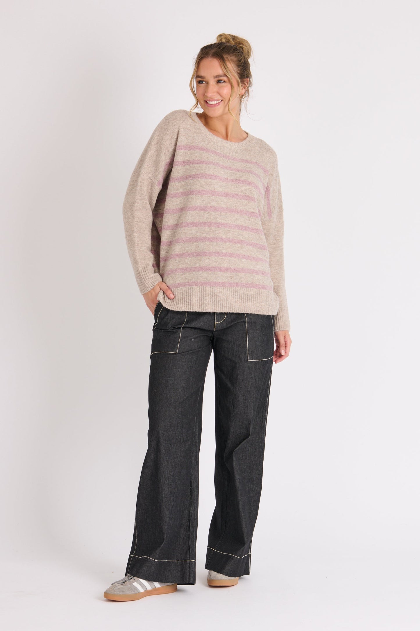 Drop Shoulder Jumper - Beige Pink Stripe