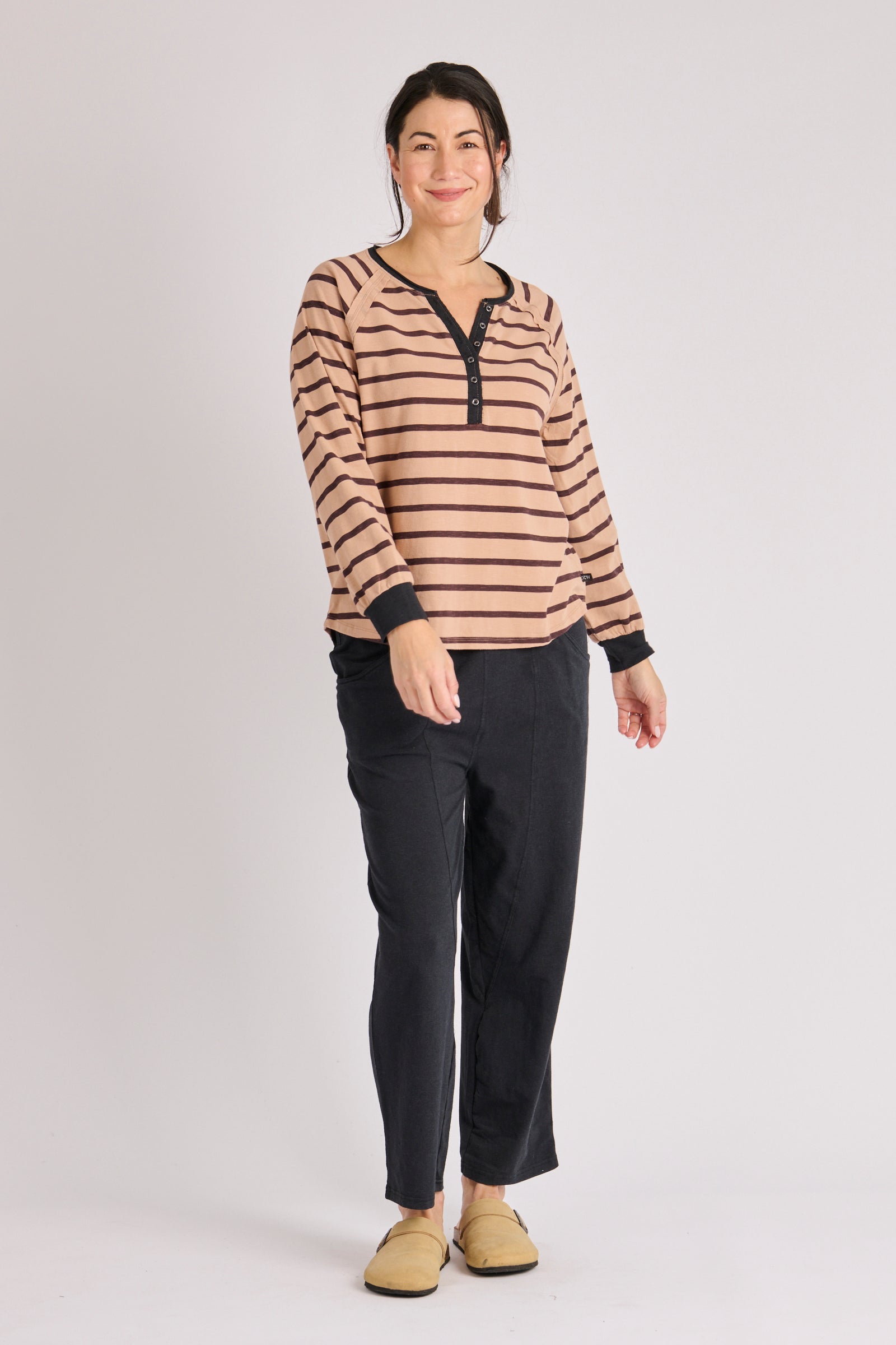 One Ten Willow Relaxed Henley Tee - Latte Stripe (view 3)