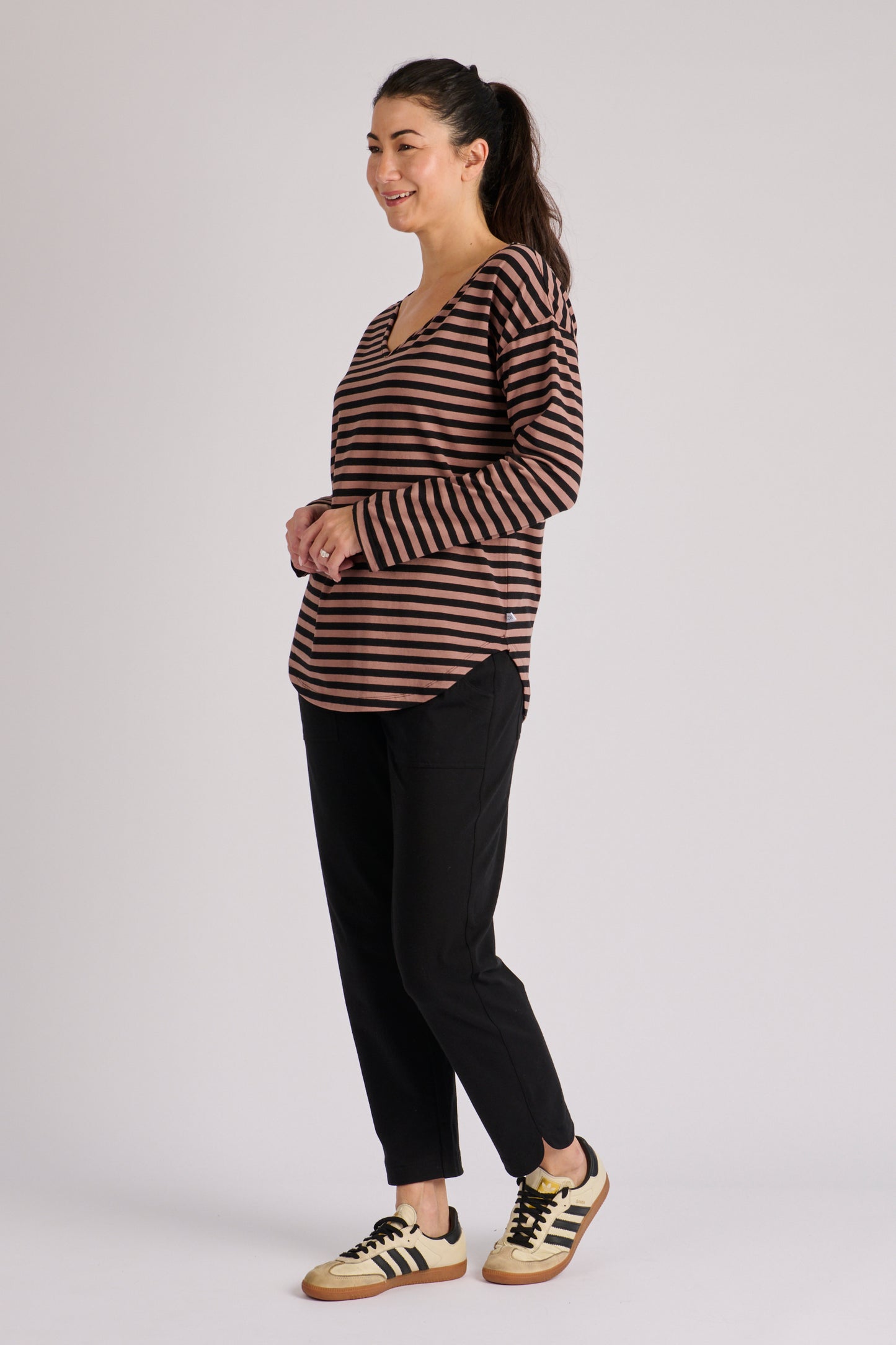 One Ten Willow Cuff Sleeve Scoop Hem Tee - Brown Stripe (view 3)
