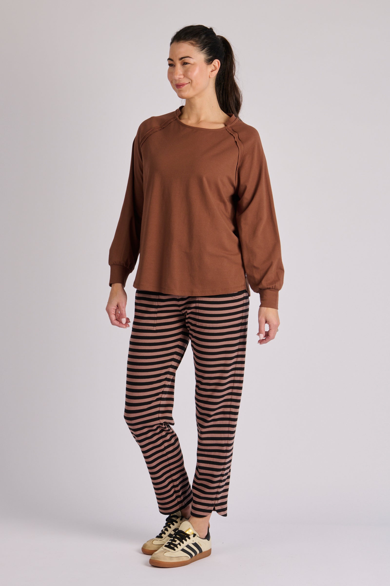 One Ten Willow Collar Detail Long Sleeve Tee - Chocolate (view 3)