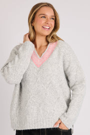 V Neck Detail Jumper - Soft Grey