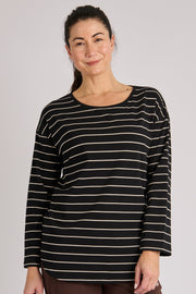 One Ten Willow Scoop Hem LS Tee Ecru Stripe