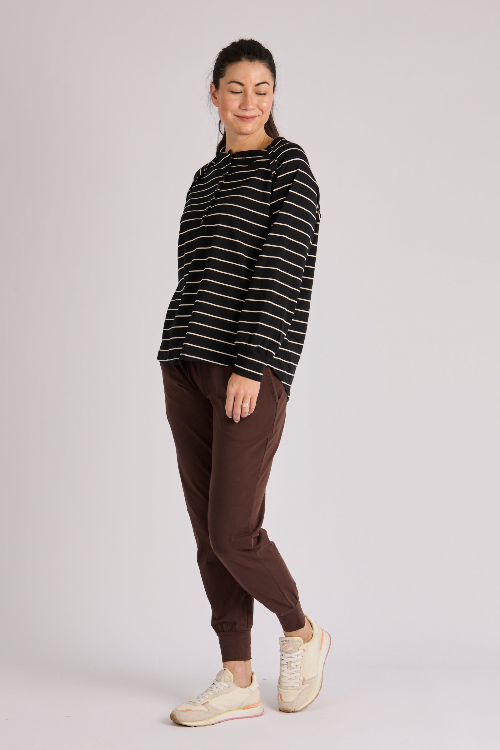 One Ten Willow Relaxed Henley LS Tee Black Ecru Stripe - detail