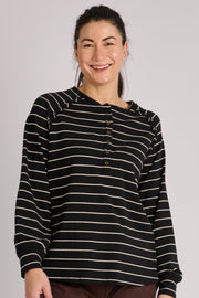 One Ten Willow Relaxed Henley Long Sleeve Tee Black Ecru Stripe