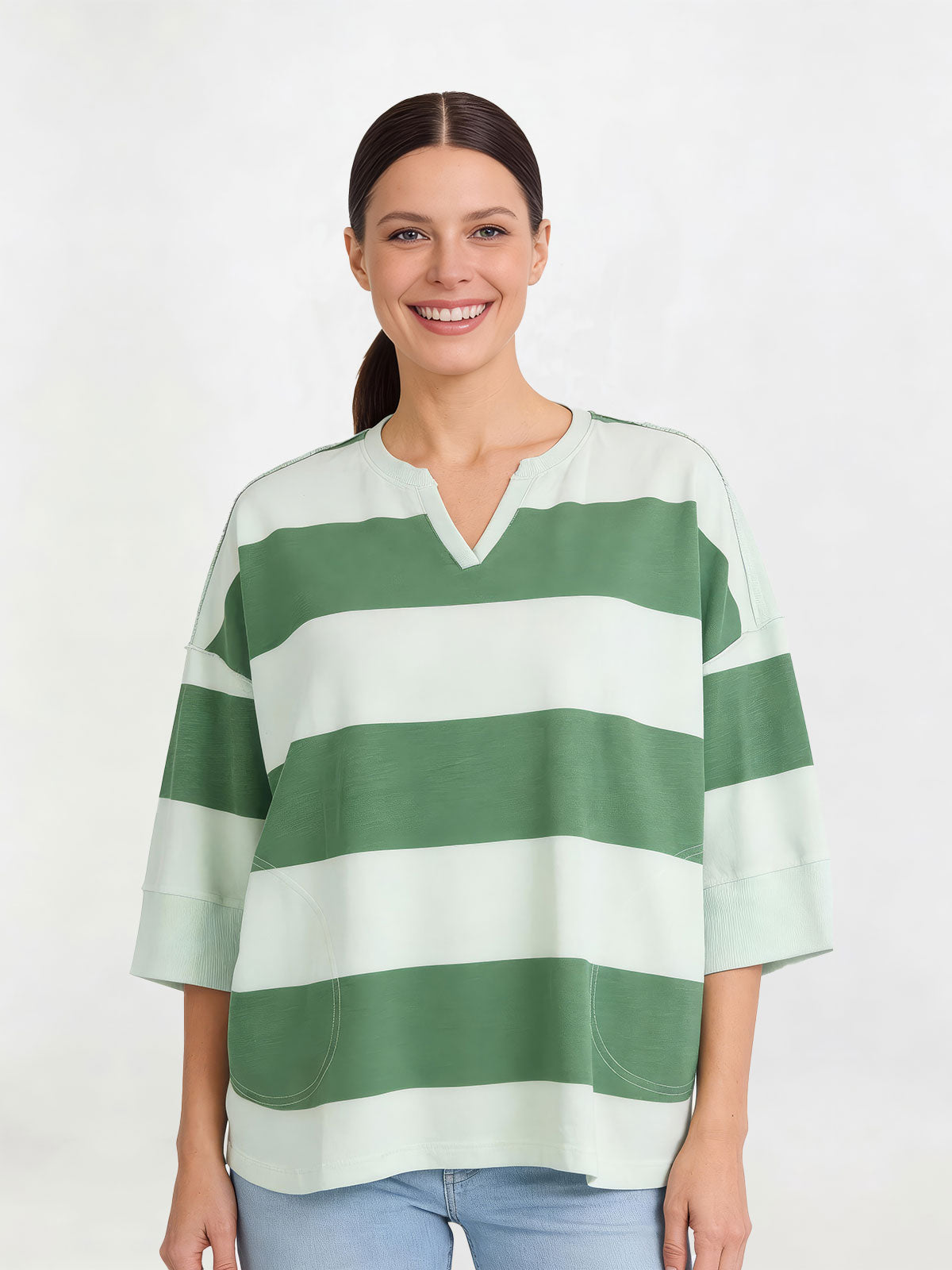 Half Sleeve Pop Over - Green Blue Stripe - Catani Clothing
