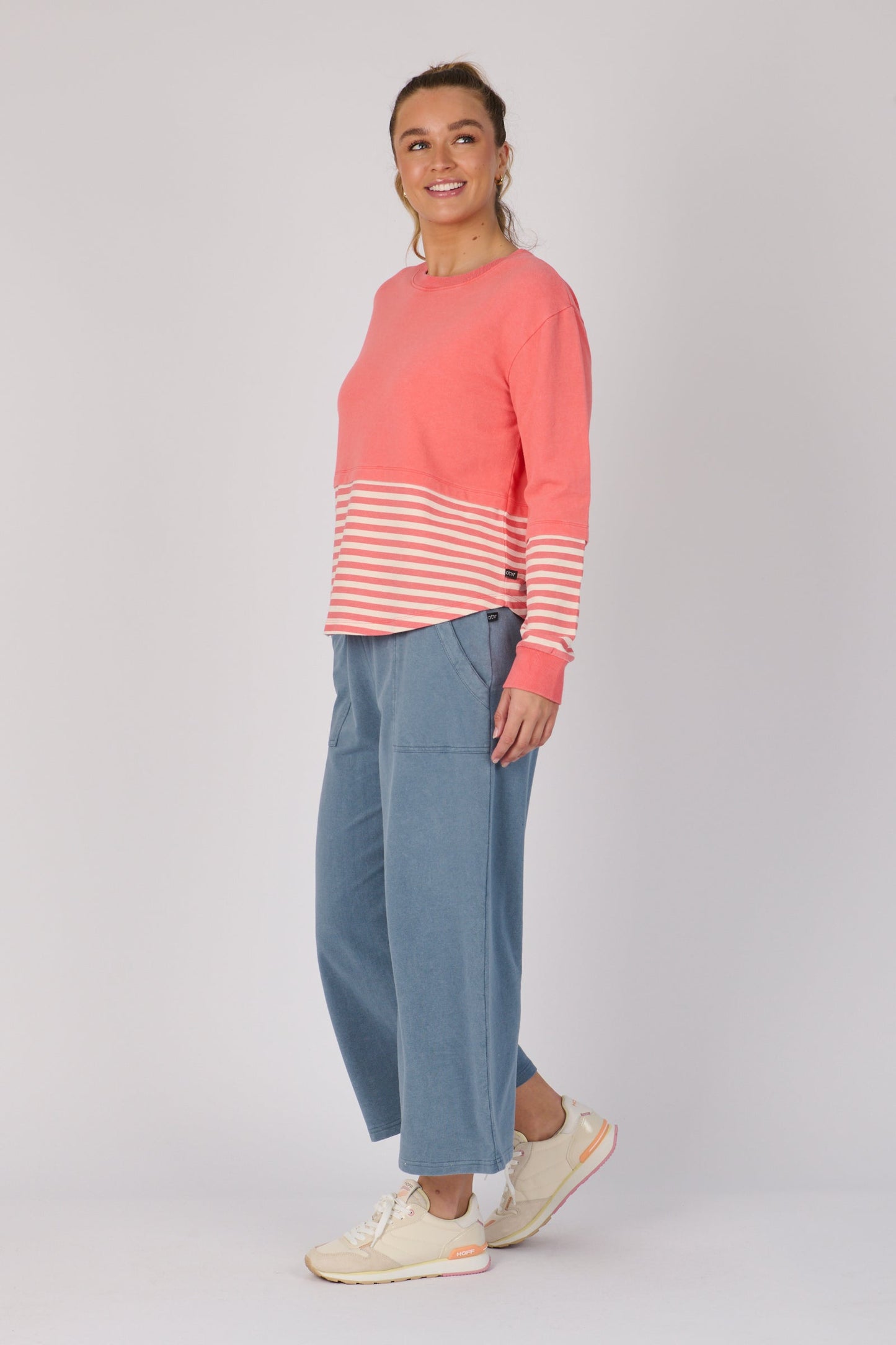 Scoop Hem Long Sleeve Top - Coral Stripe