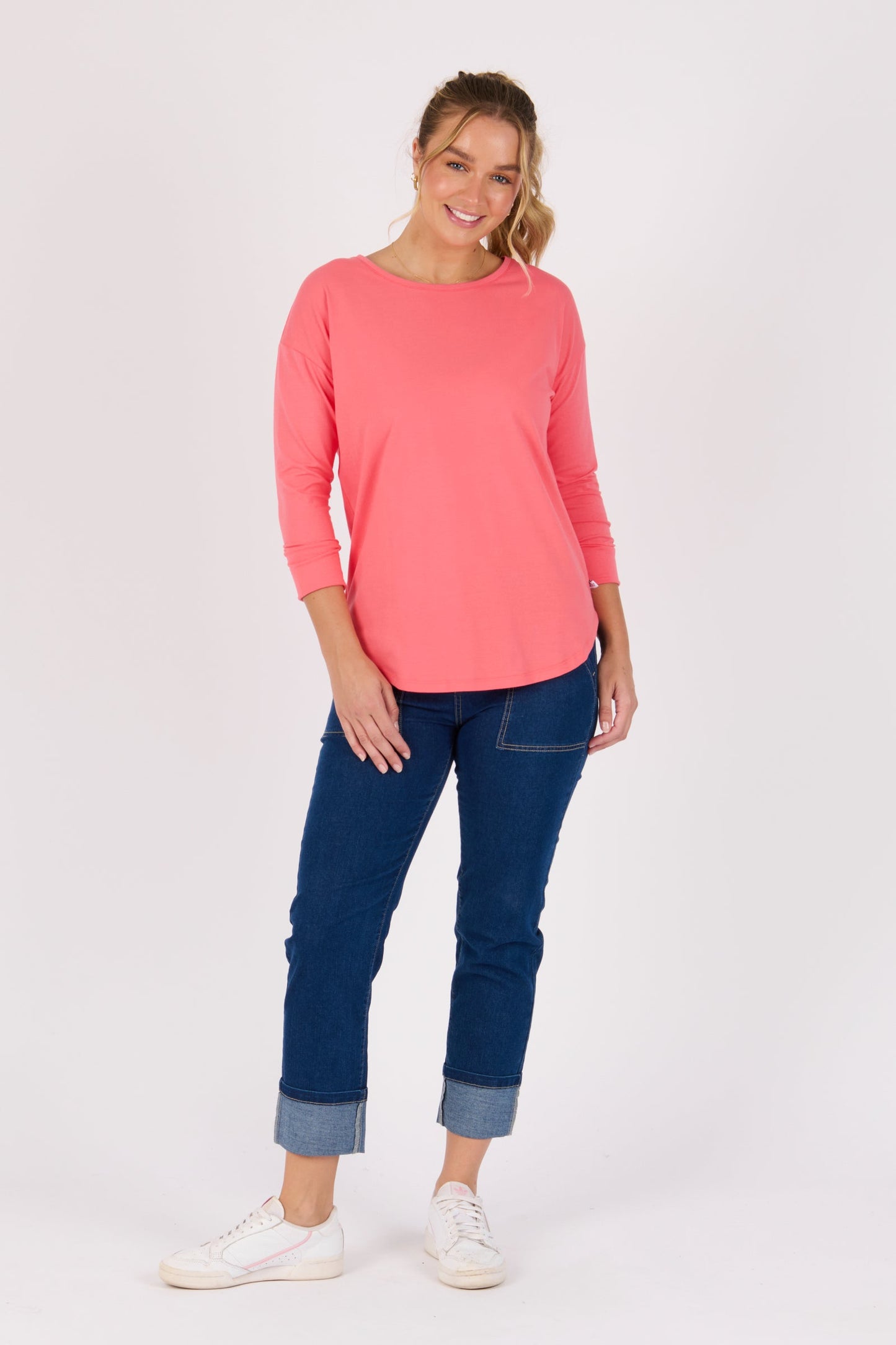 3/4 Sleeve Scoop Hem Tee - Sunkist Coral