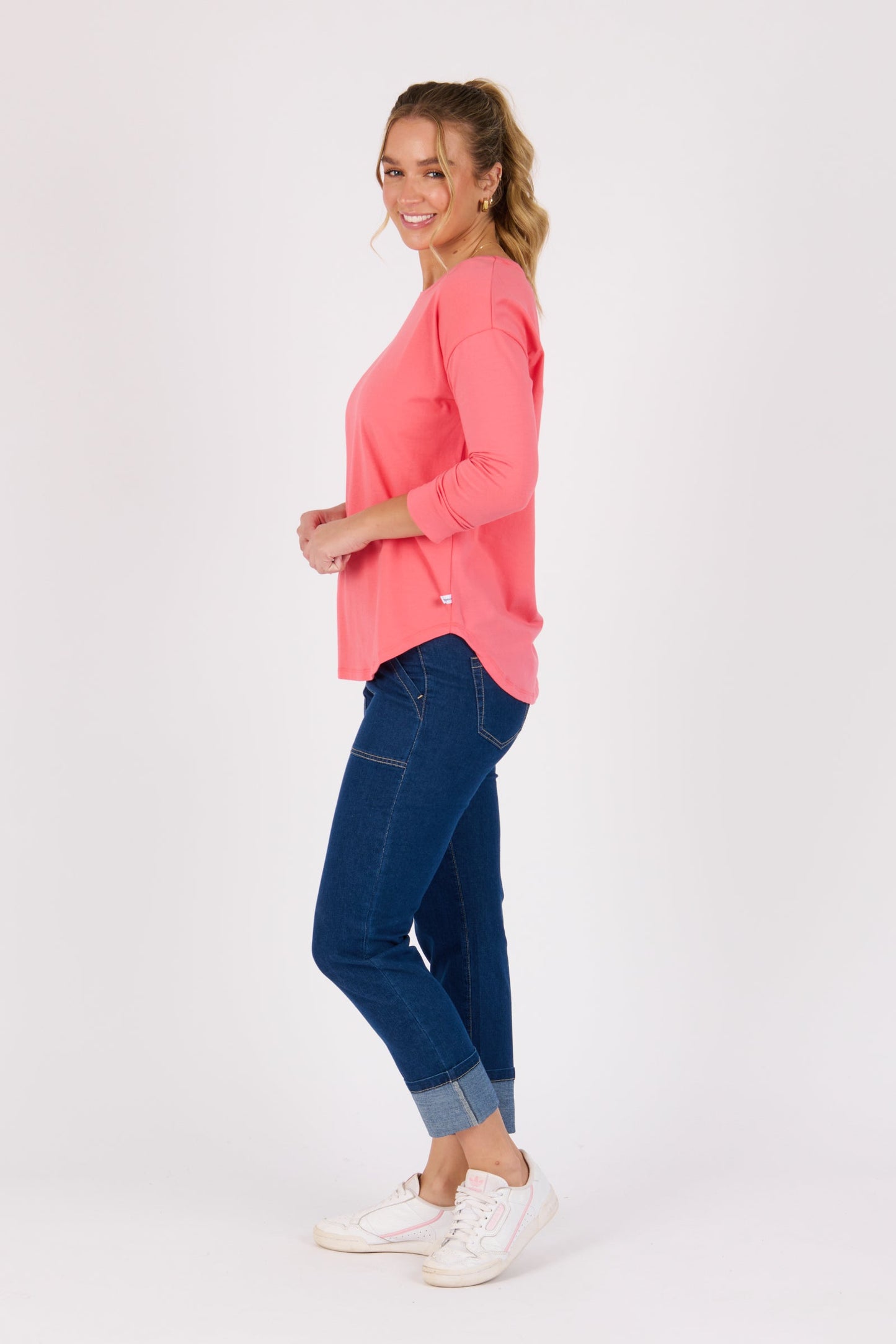 3/4 Sleeve Scoop Hem Tee - Sunkist Coral