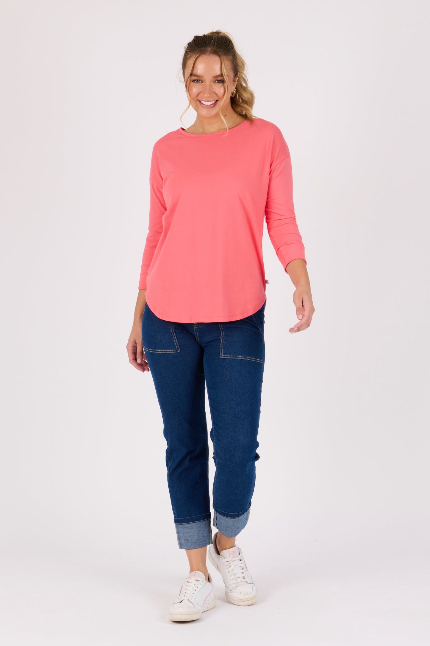3/4 Sleeve Scoop Hem Tee - Sunkist Coral