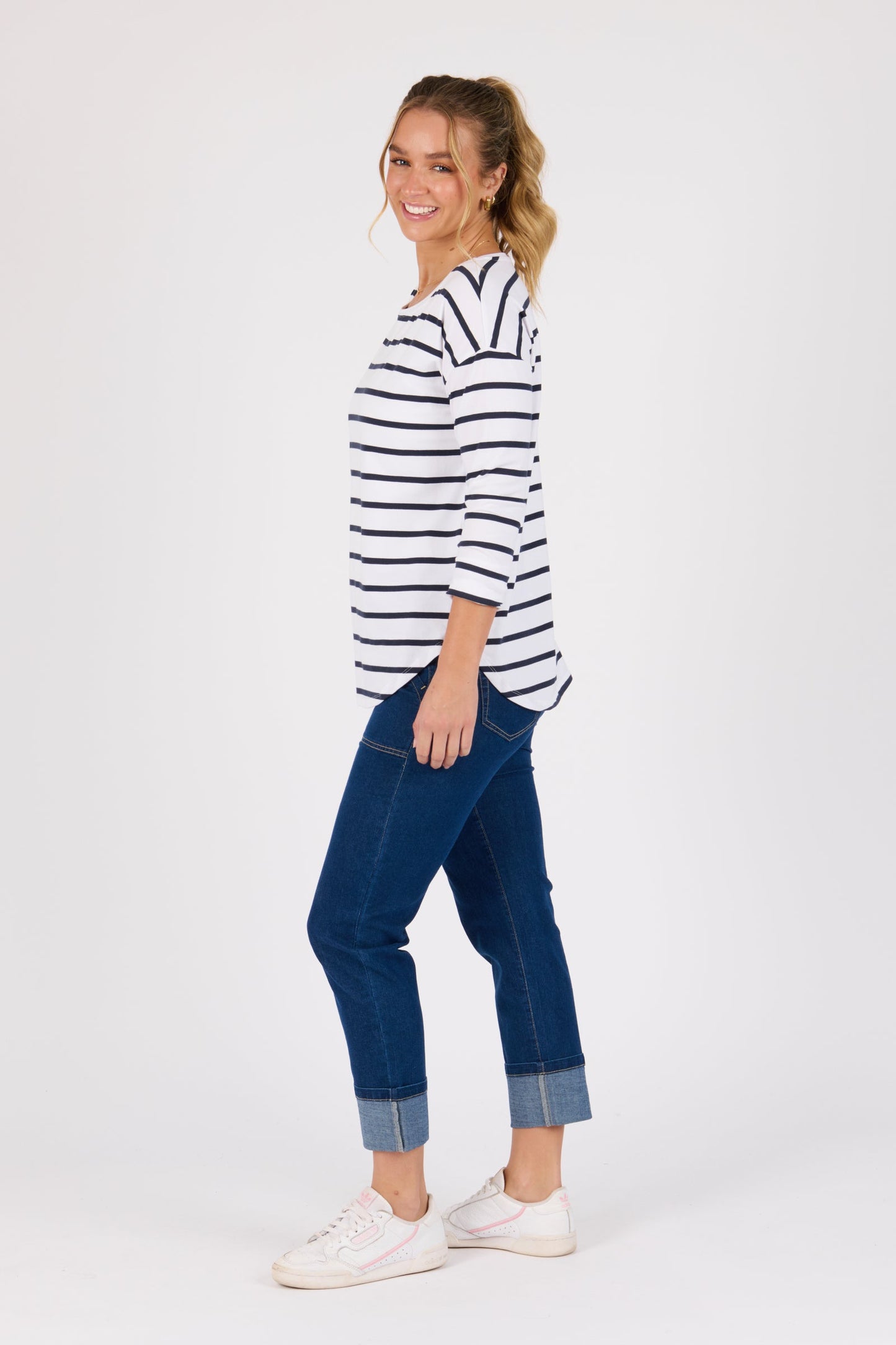 3/4 Sleeve Scoop Hem Tee - White / Navy Stripe