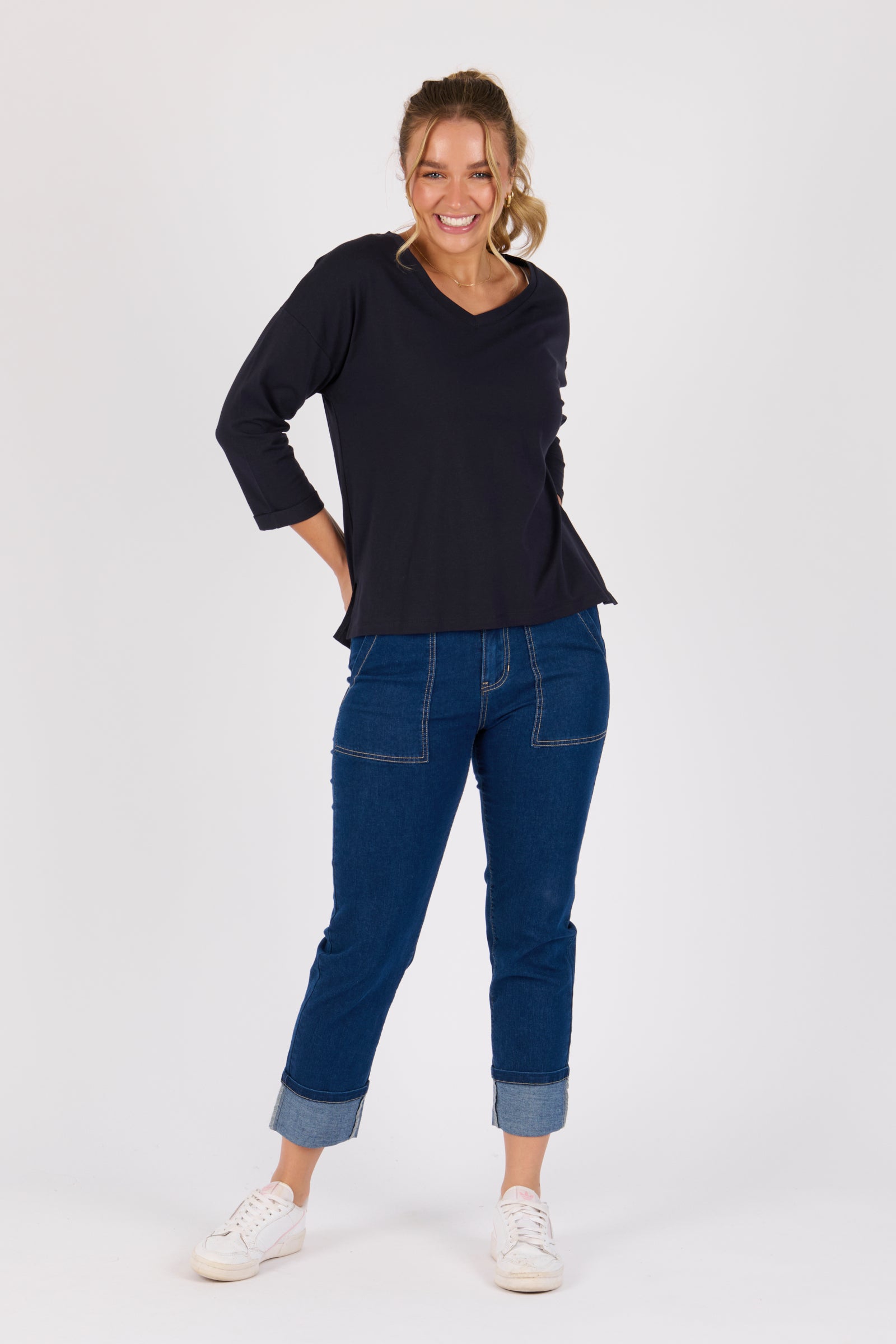 One Ten Willow V-Neck 3/4 Sleeve Top - Blue Graphite (view 5)