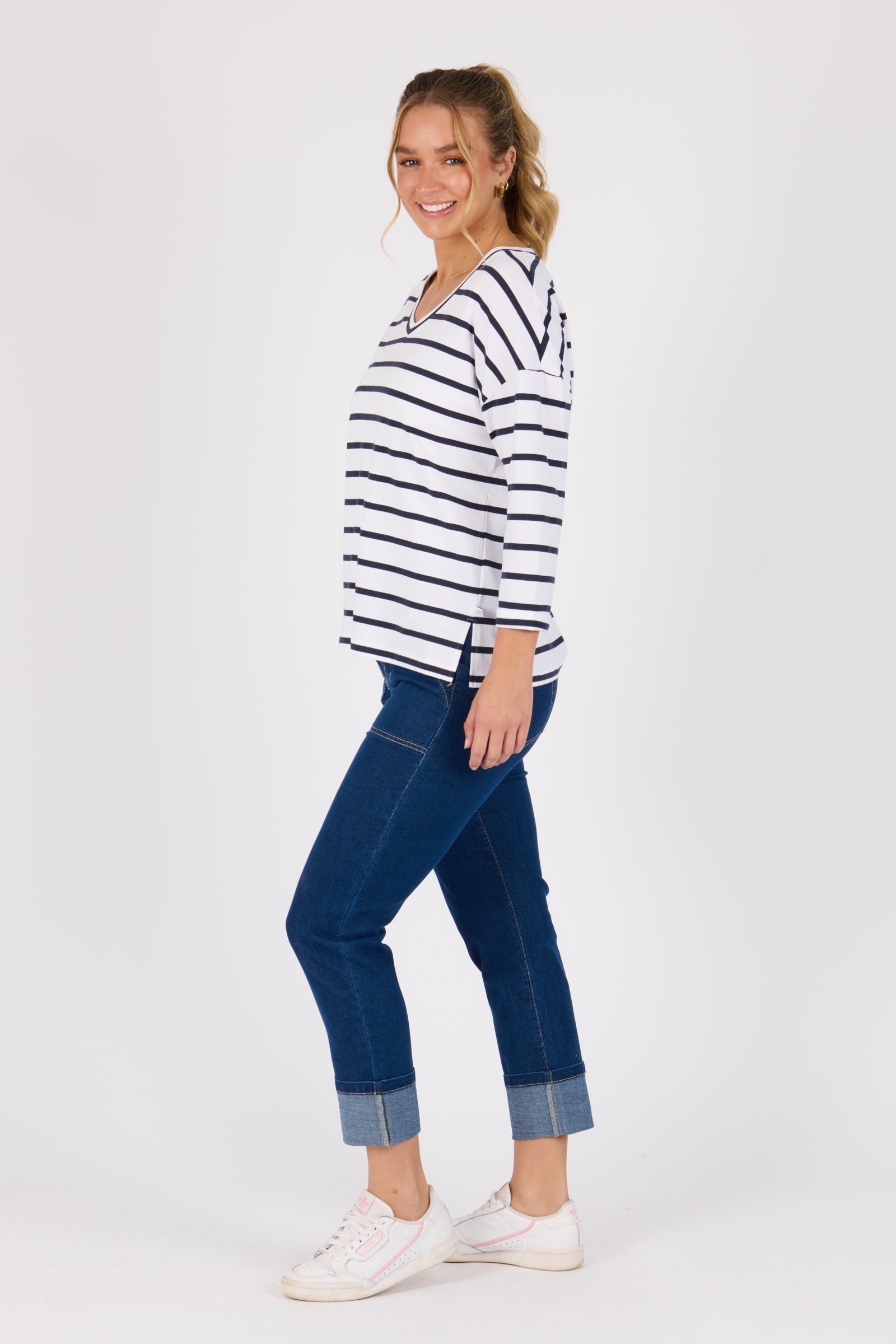 One Ten Willow V-Neck 3/4 Sleeve Top - White / Navy Stripe (view 3)