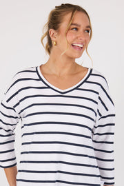 V-Neck 3/4 Sleeve Top - White / Navy Stripe - Catani Clothing