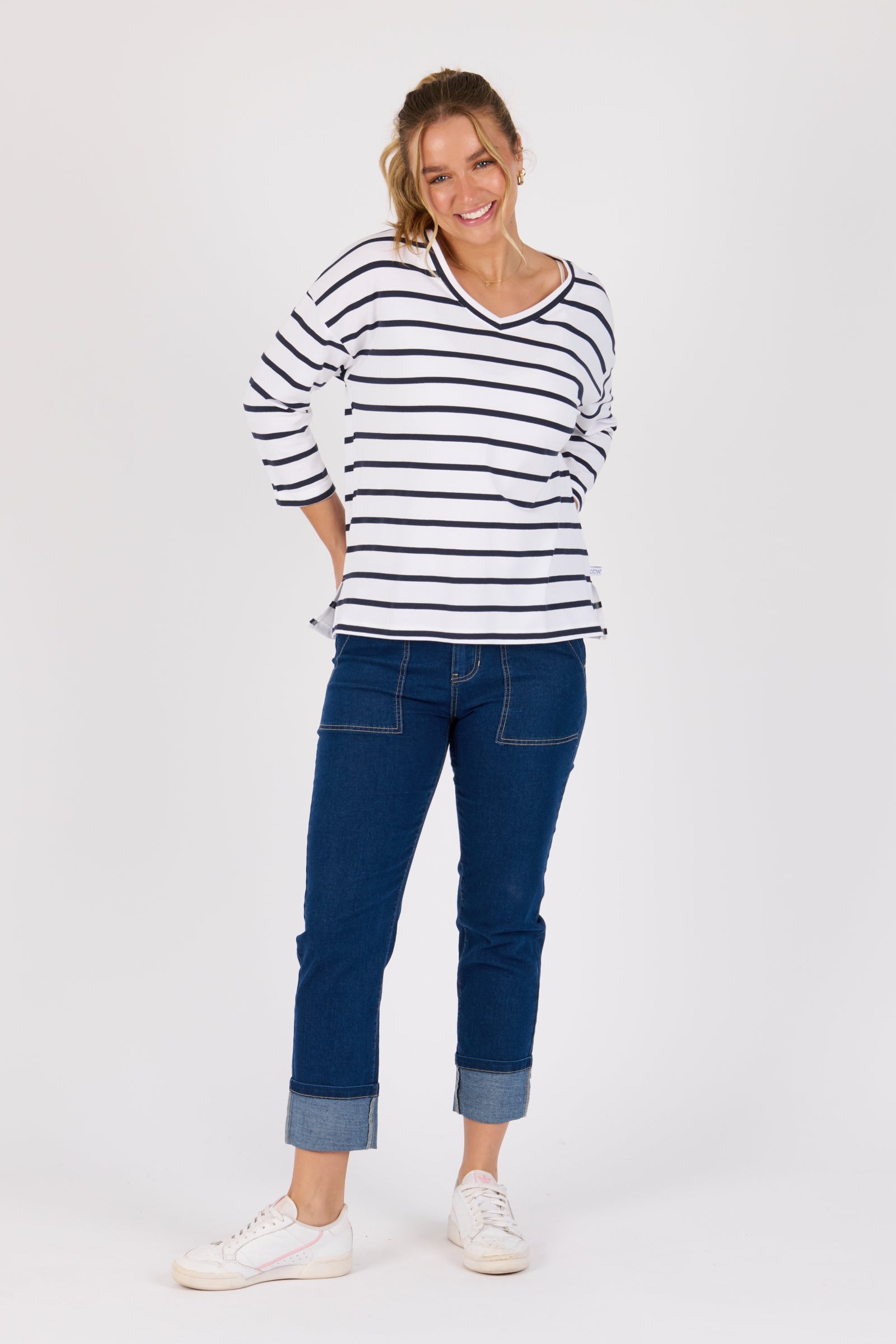 One Ten Willow V-Neck 3/4 Sleeve Top - White / Navy Stripe (view 5)