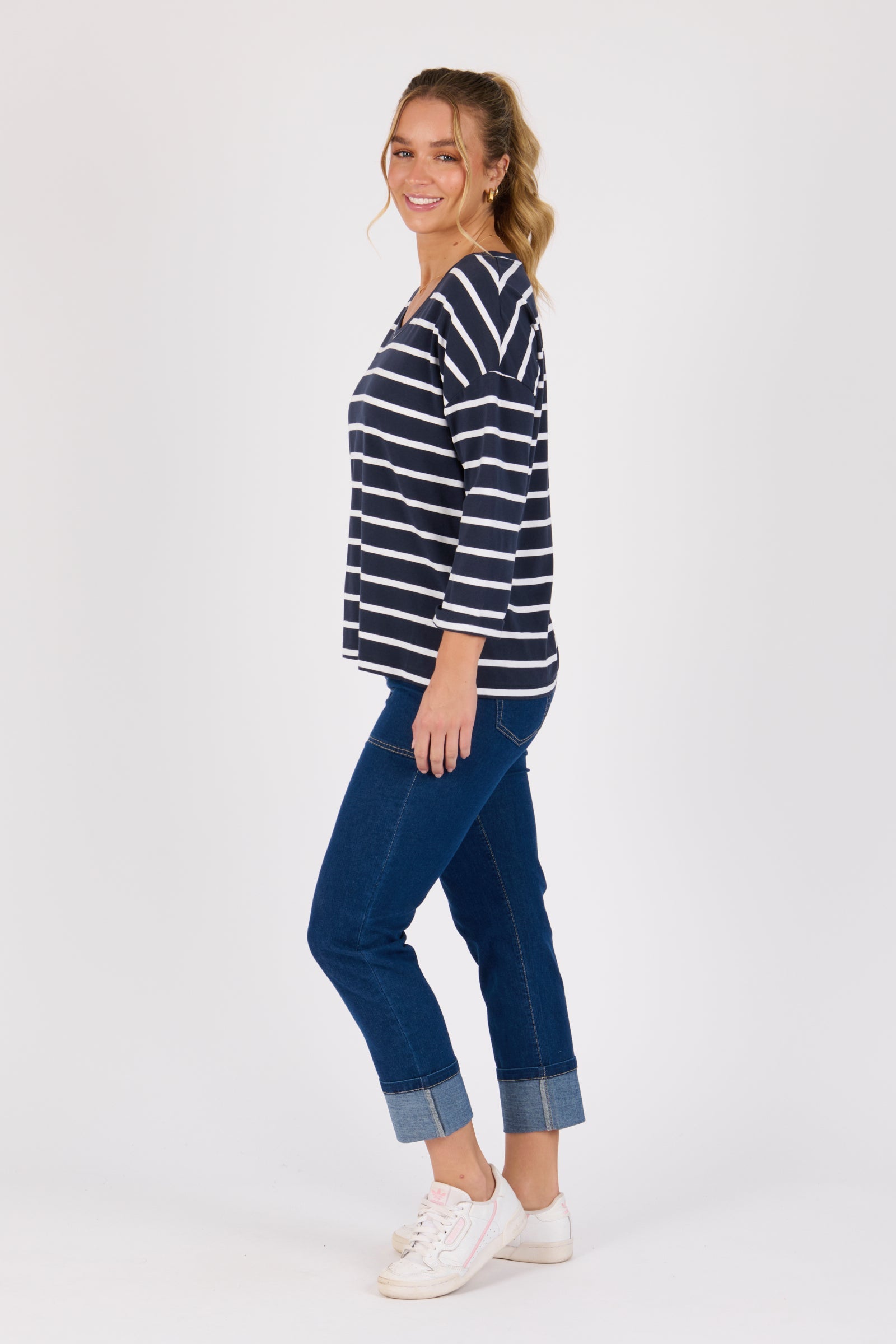 One Ten Willow V-Neck 3/4 Sleeve Top - Navy / White Stripe (view 3)