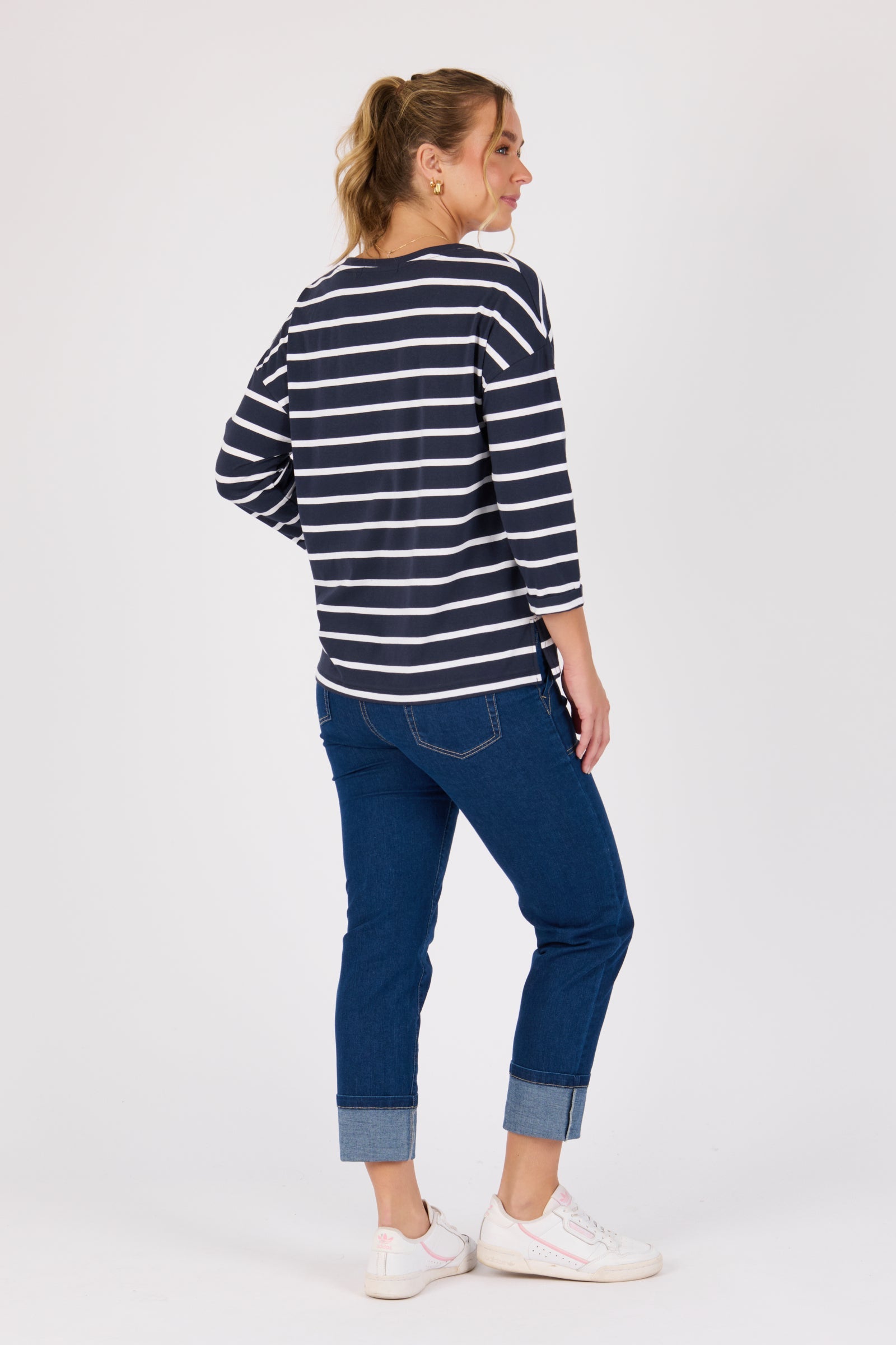 One Ten Willow V-Neck 3/4 Sleeve Top - Navy / White Stripe (view 4)