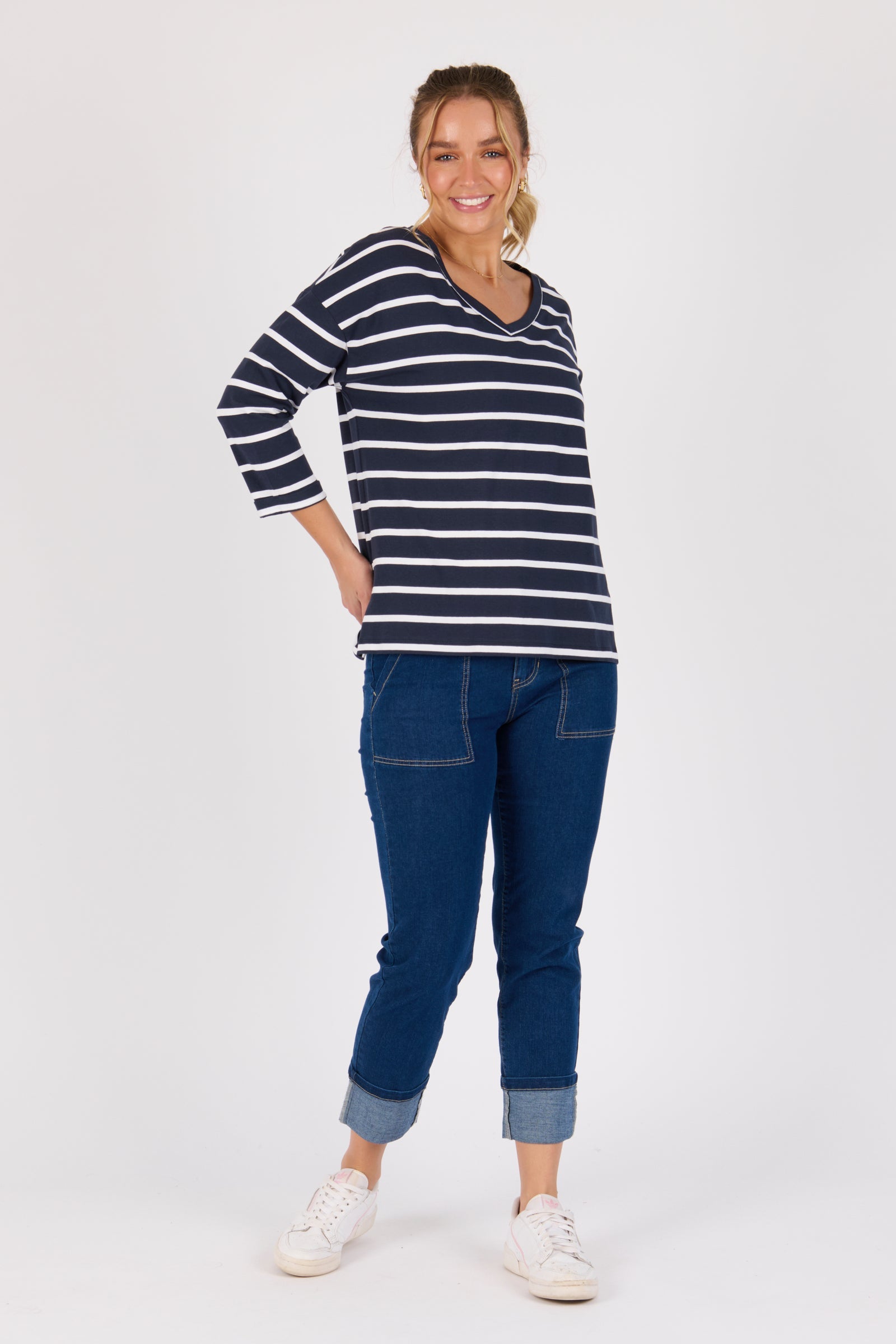 One Ten Willow V-Neck 3/4 Sleeve Top - Navy / White Stripe (view 5)
