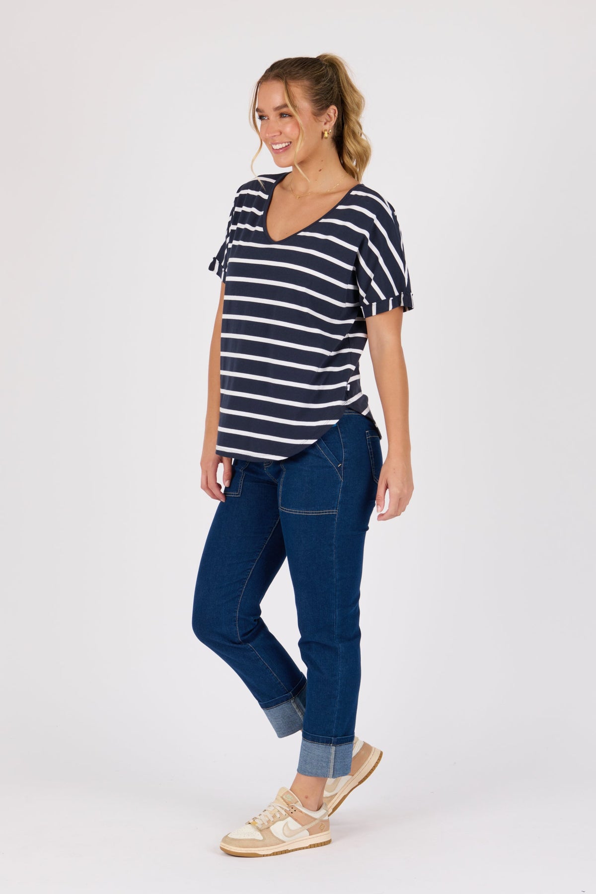 V-Neck Curve Hem Tee - Navy / White Stripe - Catani Clothing