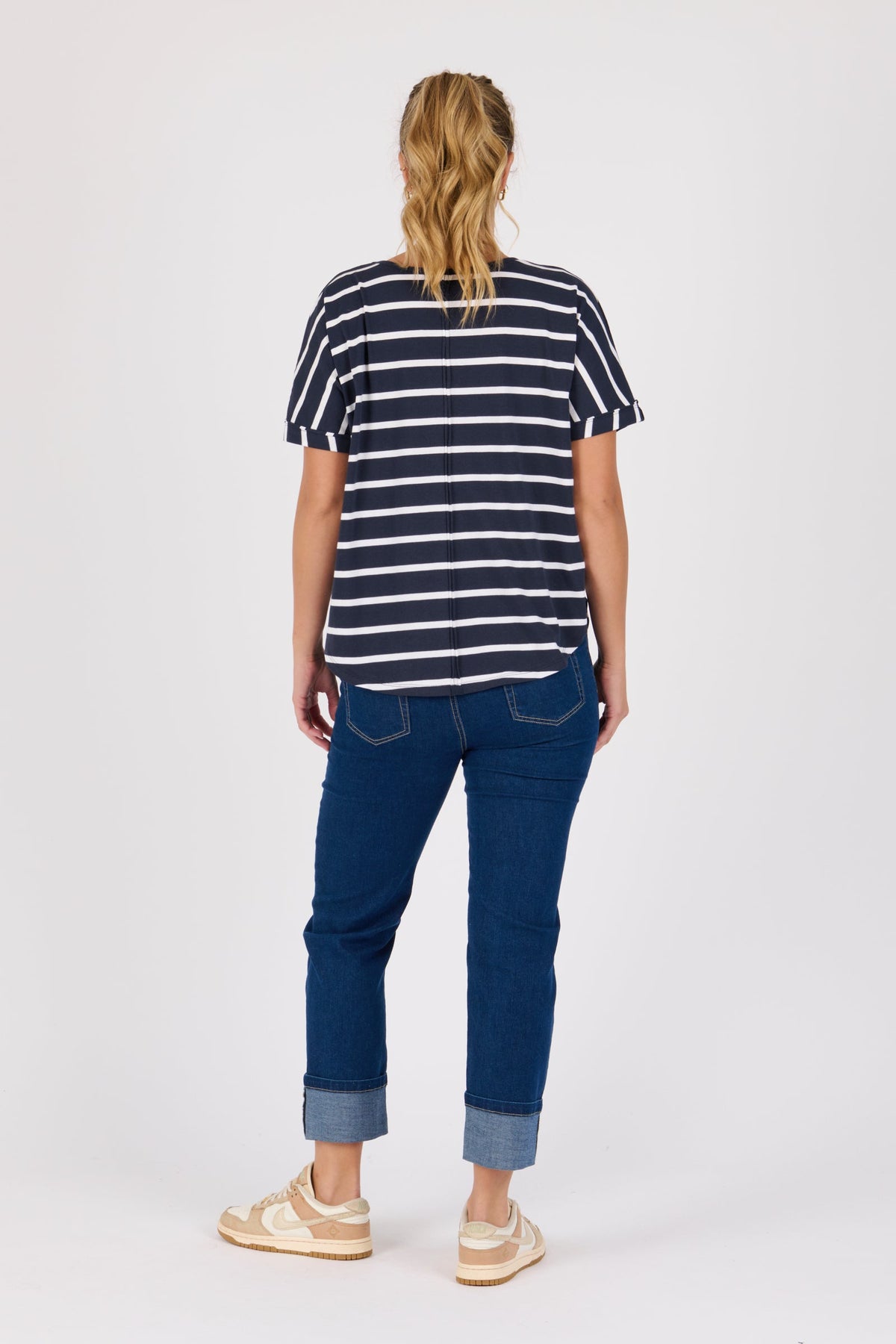 V-Neck Curve Hem Tee - Navy / White Stripe - Catani Clothing