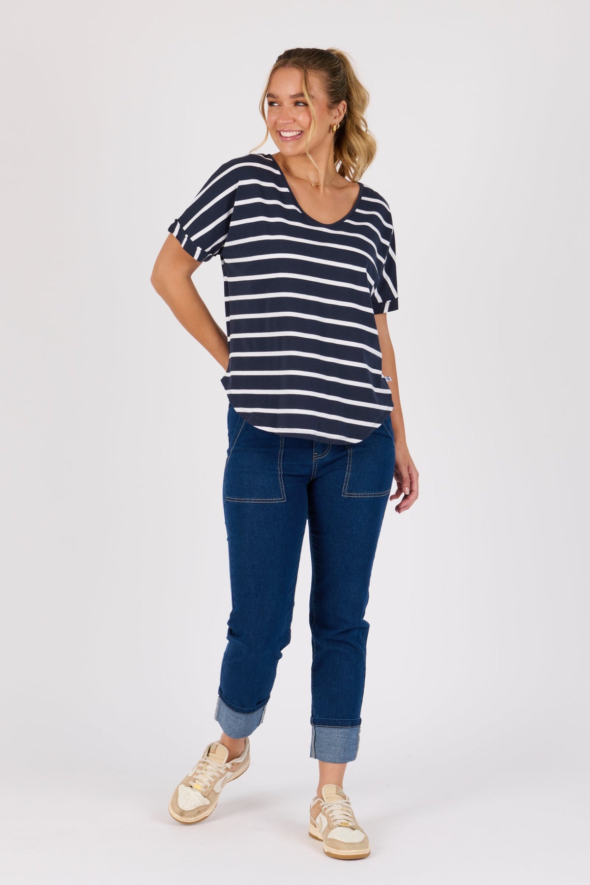 V-Neck Curve Hem Tee - Navy / White Stripe - Catani Clothing