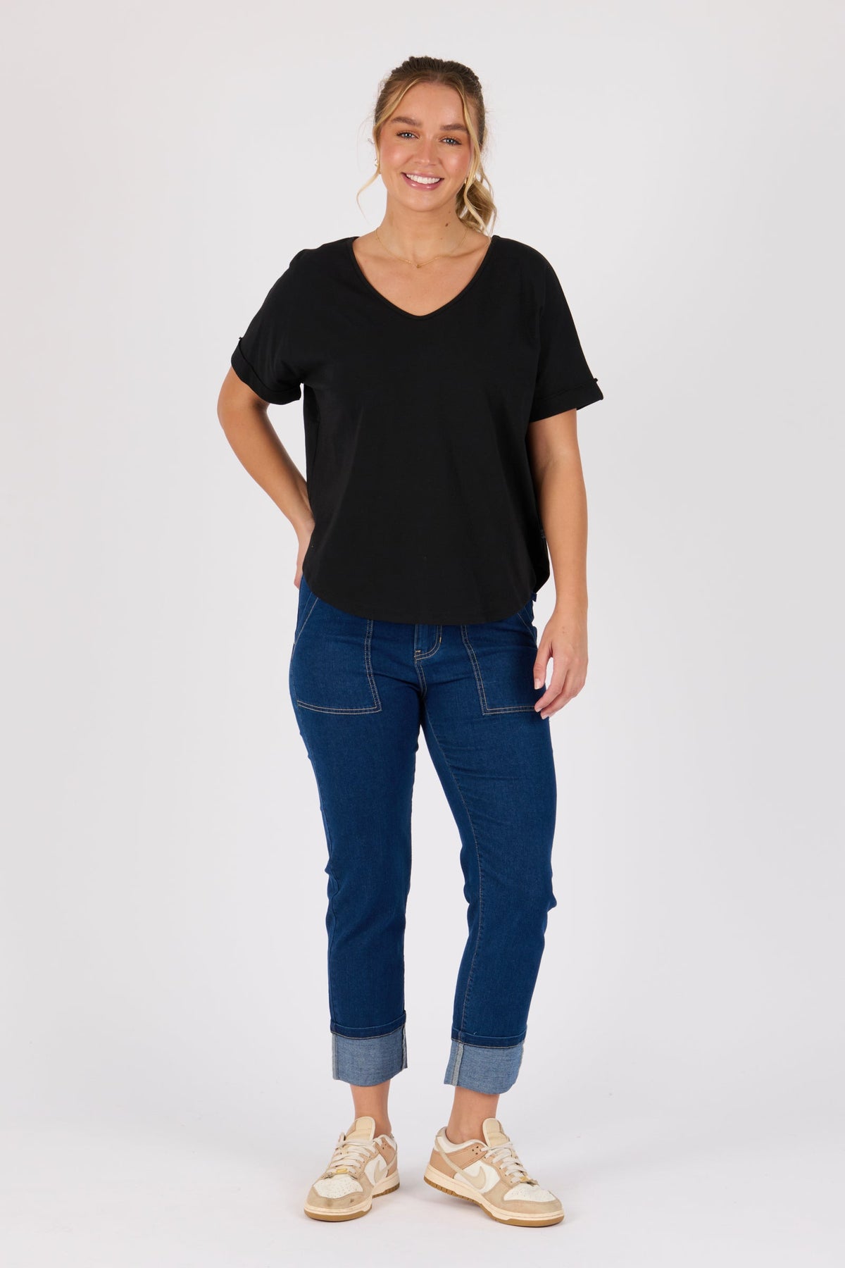 V-Neck Curve Hem Tee - Black - Catani Clothing