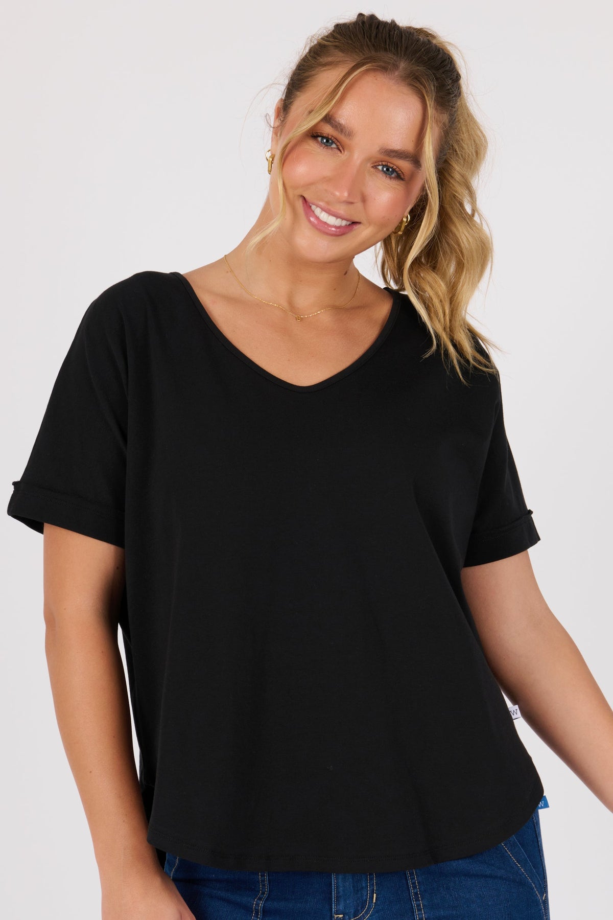 V-Neck Curve Hem Tee - Black - Catani Clothing