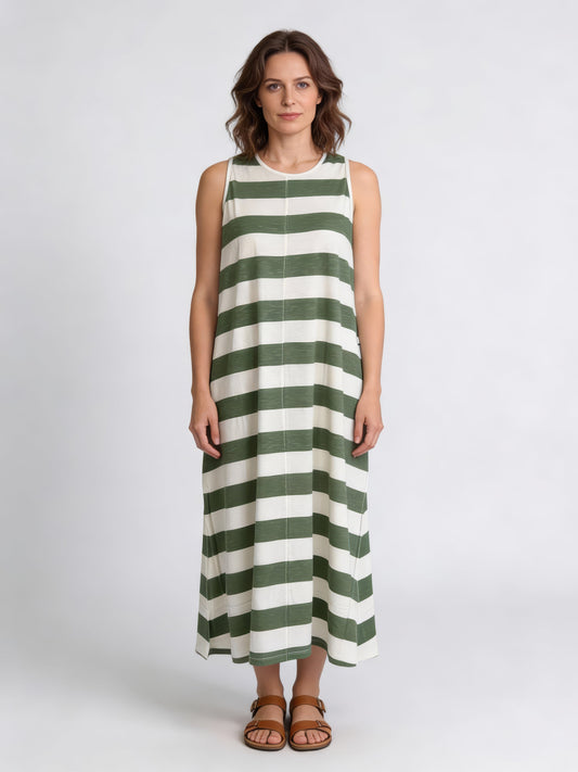 Sleeveless A Line Dress - Green Stripe